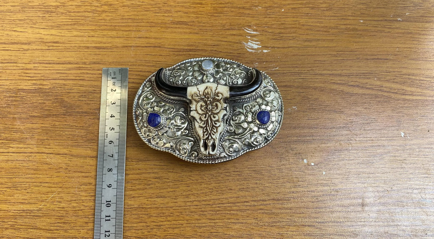 Hand-Carved Buffalo Bone Bull Head Belt Buckle with Floral Design, Tibetan Silver Adorned with Lapis Lazuli & Moonstone,Western Style Buckle