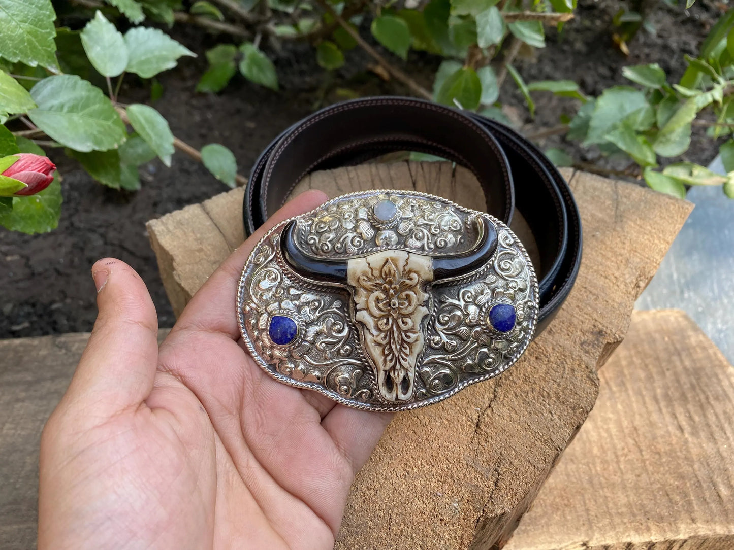 Hand-Carved Buffalo Bone Bull Head Belt Buckle with Floral Design, Tibetan Silver Adorned with Lapis Lazuli & Moonstone,Western Style Buckle