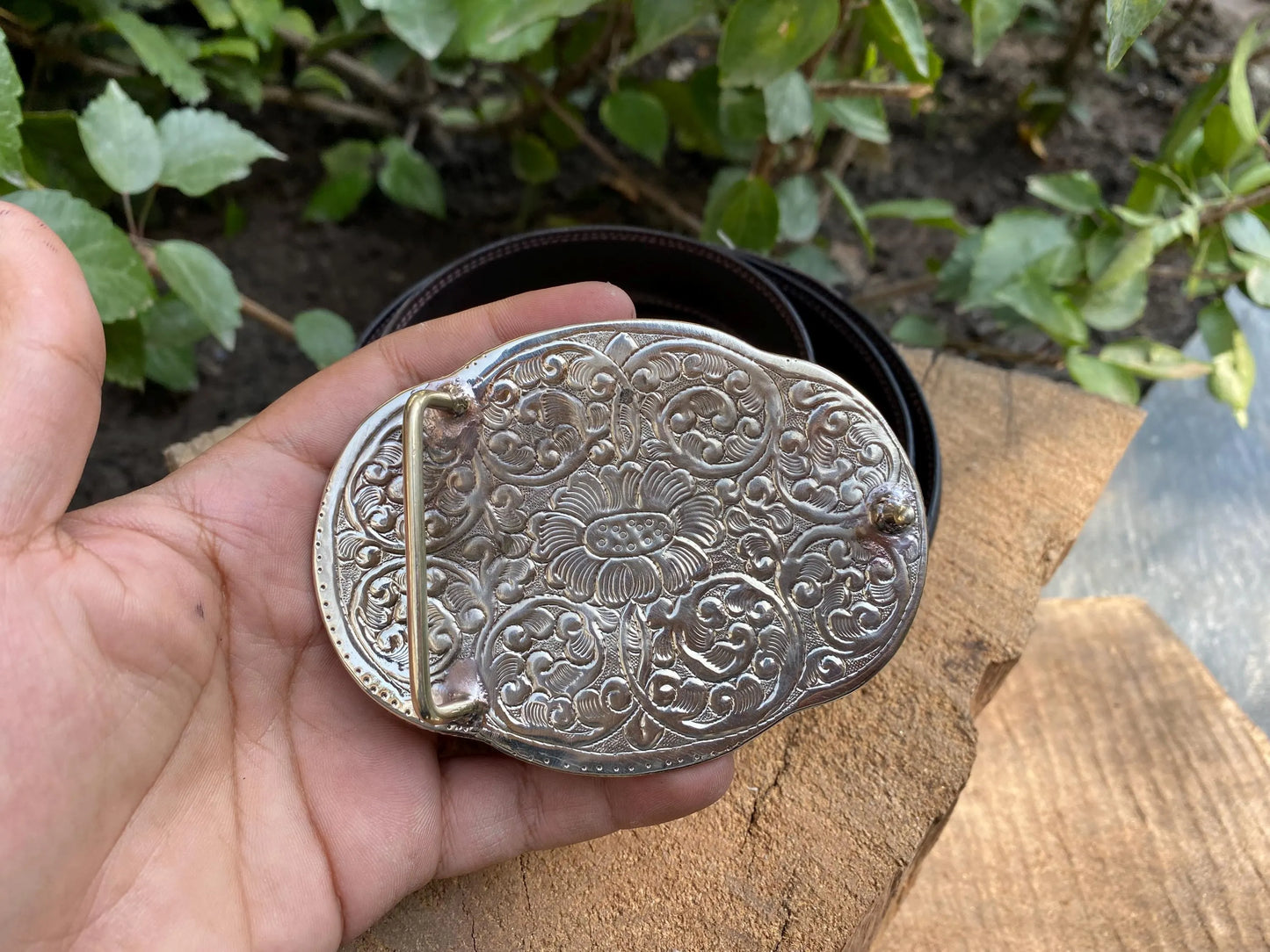 Hand-Carved Buffalo Bone Bull Head Belt Buckle with Floral Design, Tibetan Silver Adorned with Lapis Lazuli & Moonstone,Western Style Buckle