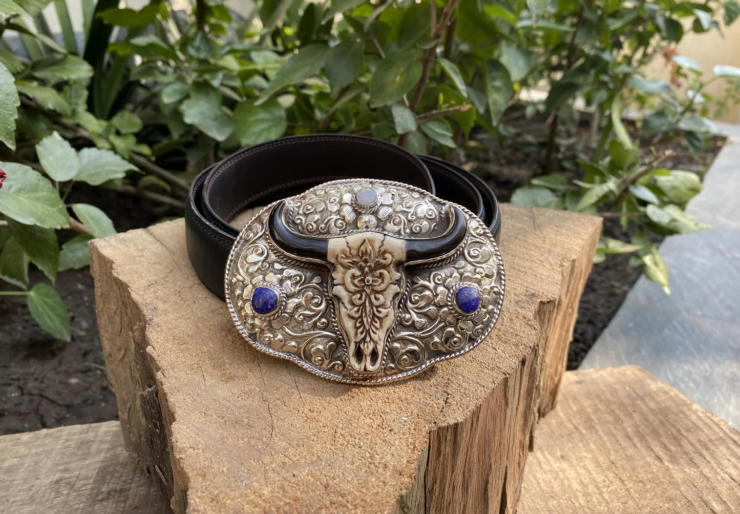 Hand-Carved Buffalo Bone Bull Head Belt Buckle with Floral Design, Tibetan Silver Adorned with Lapis Lazuli & Moonstone,Western Style Buckle
