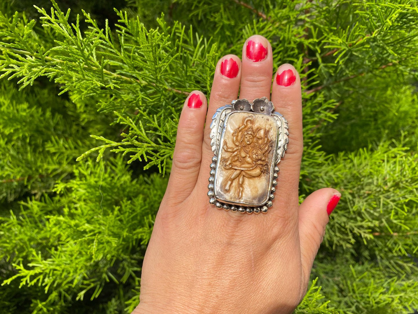 Hand-Carved Buffalo Bone Goddess Kali Ring with Tibetan Silver, Lucky Ring, Mystical power, luxury Ring, Spiritual Bohemian Unisex Ring