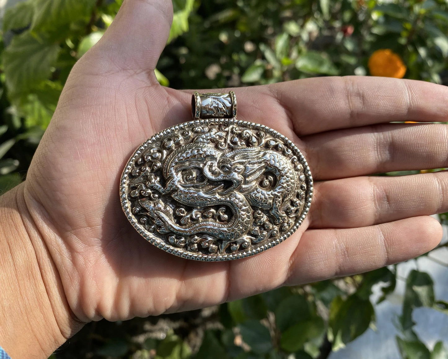 Hand-Carved Dragon Pendant in Tibetan Silver | Intricate Bohemian Pendant for Necklace, Nature-Inspired Jewelry, Pendant for Women & Men
