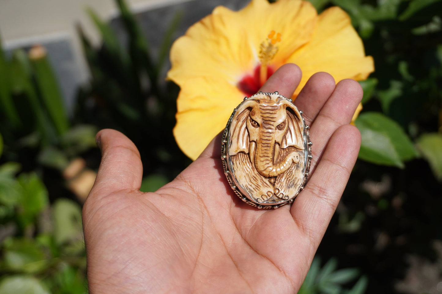 Hand-Carved Elephant on Buffalo Bone Tibetan Silver Ring | Ganesh Ring, Adjustable Ring, Unisex Jewelry Gift, Unique Gift
