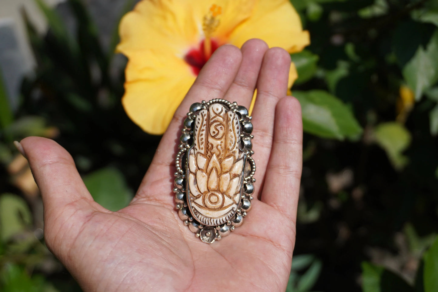 Hand-Carved Hamsa Buffalo Bone Ring | Adjustable Tibetan Silver Statement Ring, Unisex Healing Ring, Protection Symbol, Good Luck Jewelry