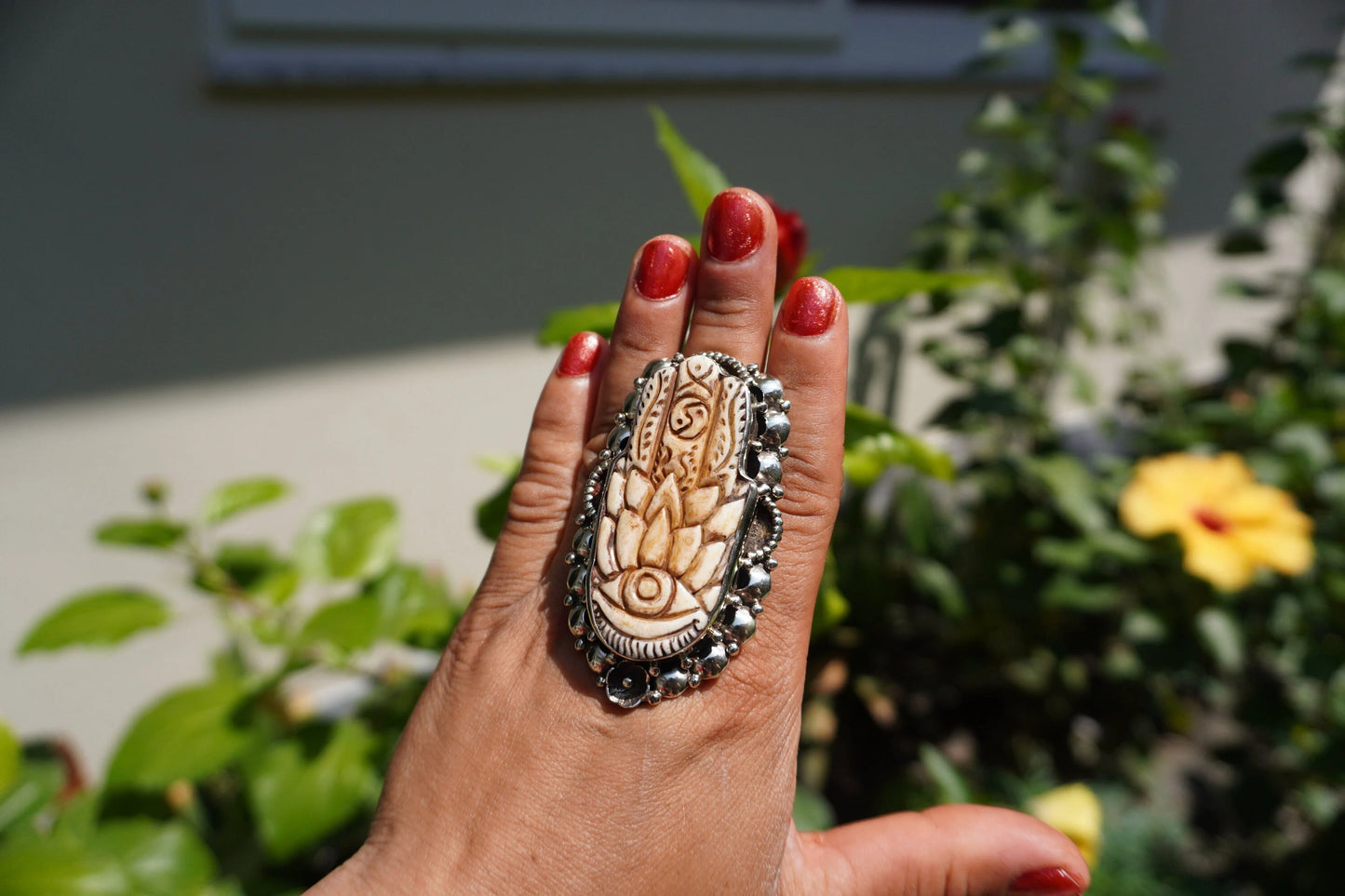 Hand-Carved Hamsa Buffalo Bone Ring | Adjustable Tibetan Silver Statement Ring, Unisex Healing Ring, Protection Symbol, Good Luck Jewelry