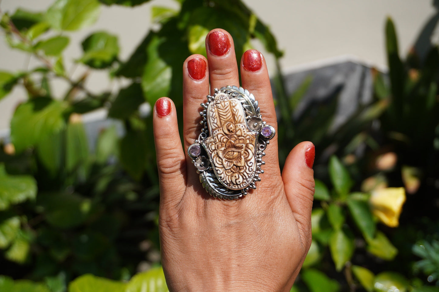 Hand-Carved Hamsa Hand with Floral Design and All-Seeing Eye Buffalo Bone Ring | Tibetan Silver Statement Ring, Unisex Spiritual Jewelry