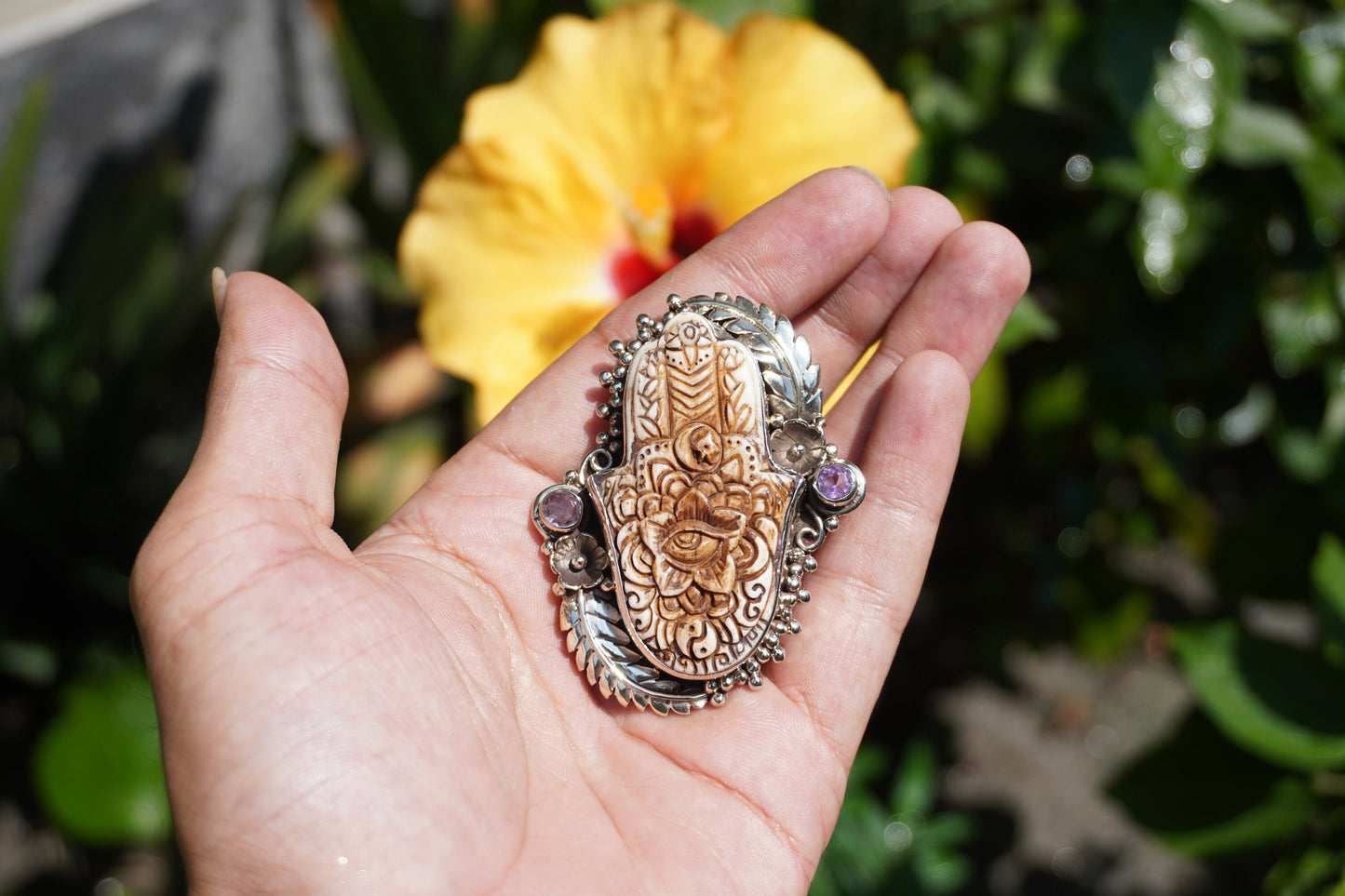 Hand-Carved Hamsa Hand with Floral Design and All-Seeing Eye Buffalo Bone Ring | Tibetan Silver Statement Ring, Unisex Spiritual Jewelry