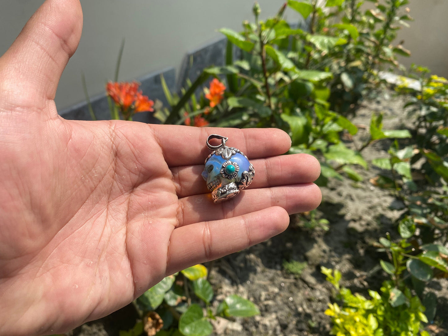 Serene Beauty: Hand-Carved Rose Quartz and Opalite Pendant with Turquoise Accents, Hand-Carved Rose Quartz and Opalite Pendant.