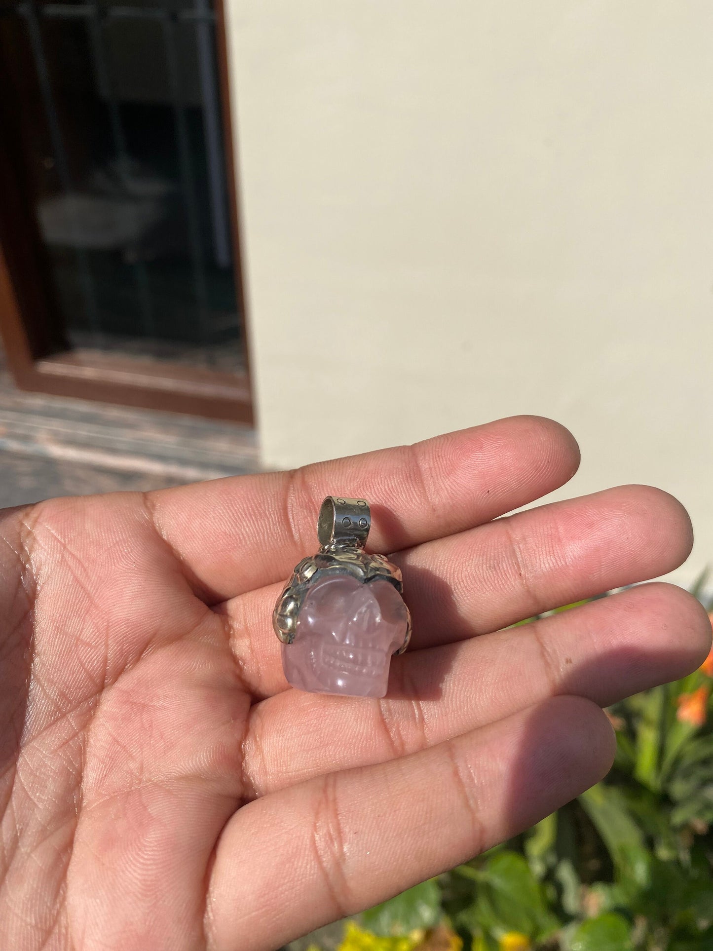 Hand-Carved Skull Rose Quartz and Crystal Necklace, One-of-a-Kind Skull Carved Rose Quartz and Crystal Pendant.