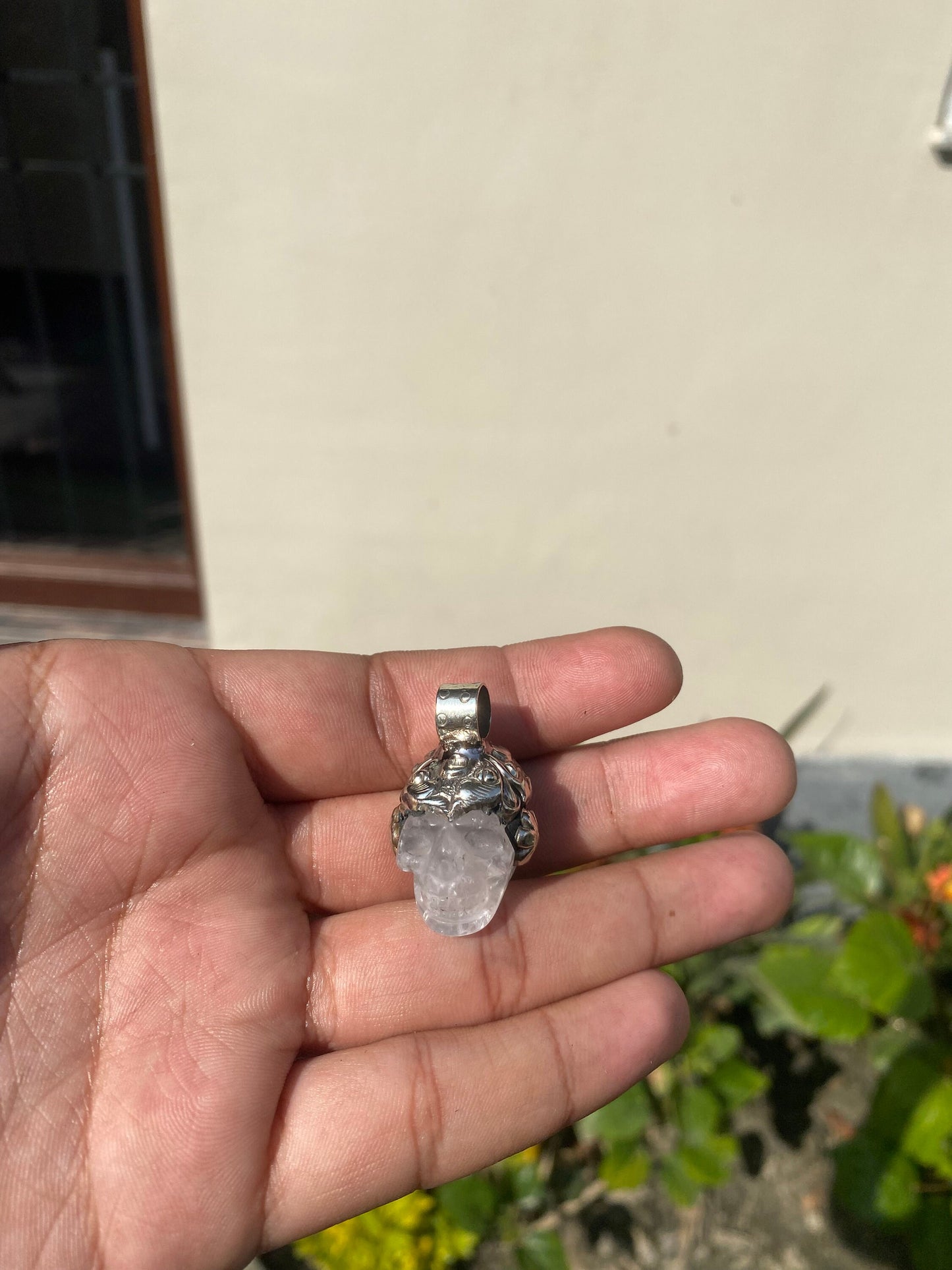 Hand-Carved Skull Rose Quartz and Crystal Necklace, One-of-a-Kind Skull Carved Rose Quartz and Crystal Pendant.