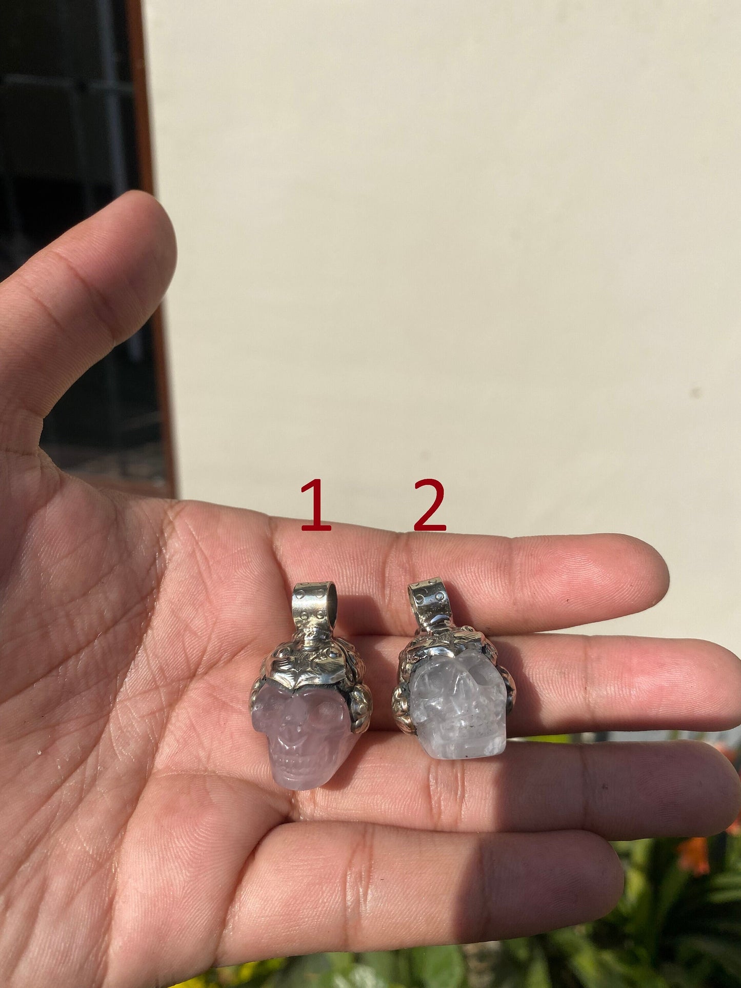 Hand-Carved Skull Rose Quartz and Crystal Necklace, One-of-a-Kind Skull Carved Rose Quartz and Crystal Pendant.