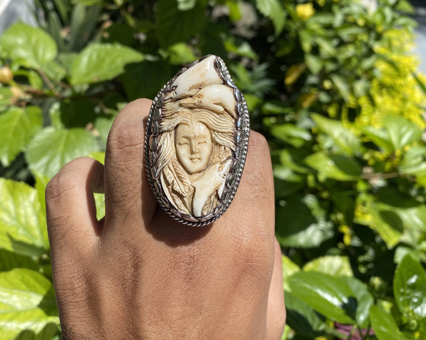 Hand-carved Buffalo Bone Ring - Women with Dolphins Design, Unique Boho Ocean Spirit Jewelry, Tibetan Silver Ring,Handmade Ring,Perfect Gift