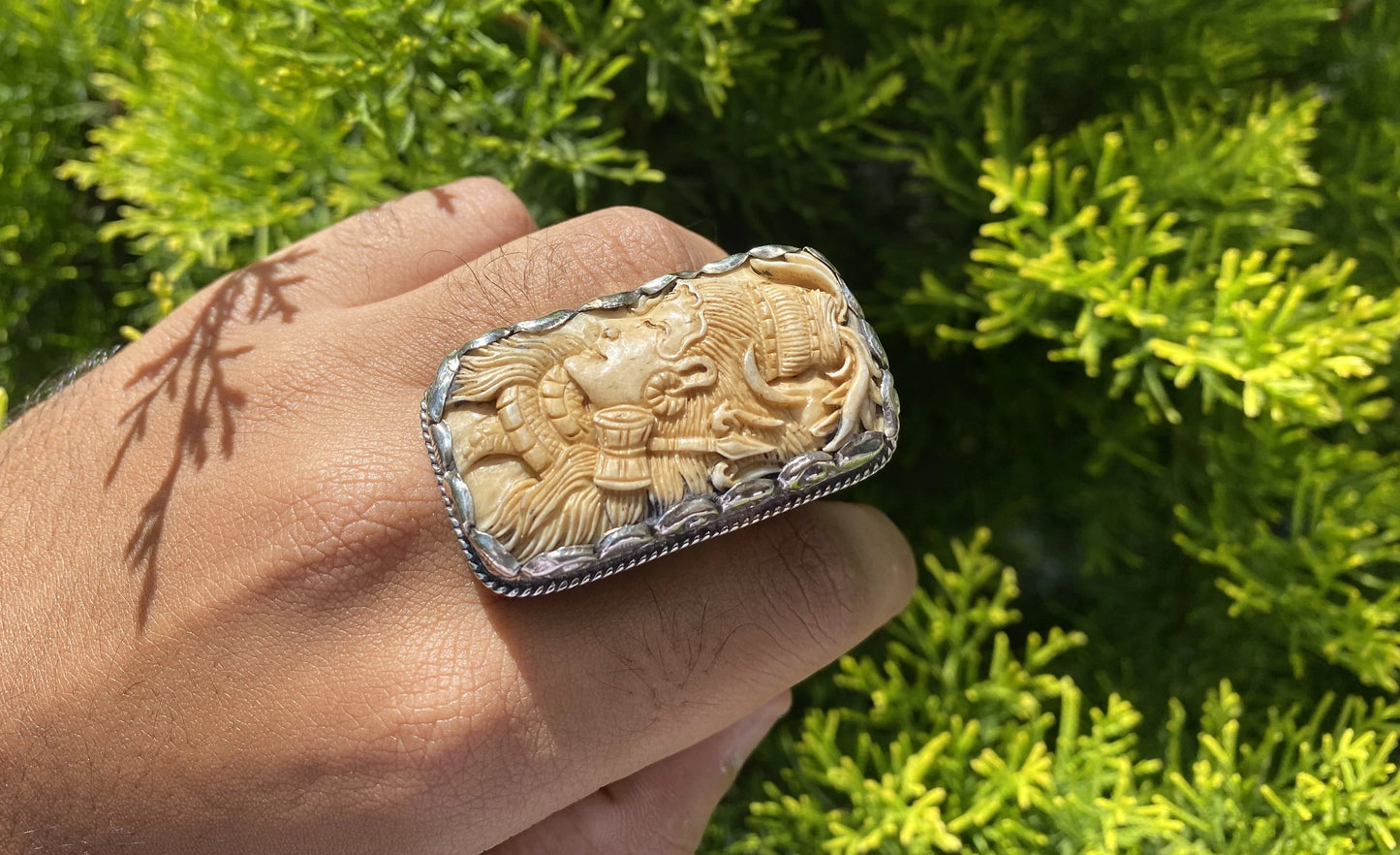 Hand-carved Lord Shiva Buffalo Bone in Tibetan Silver Ring, For Men / Women | Powerful Hindu Deity Protection Ring, Adjustable Ring