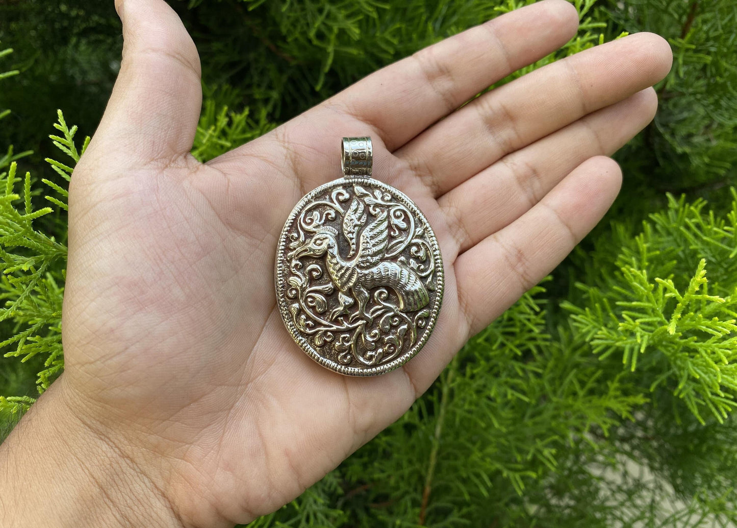 Hand-carved Pheonix Pendant in Tibetan Silver | Unique Ethnic Bohemian Necklace Charm for Men & Women, Spiritual Jewelry from Nepal