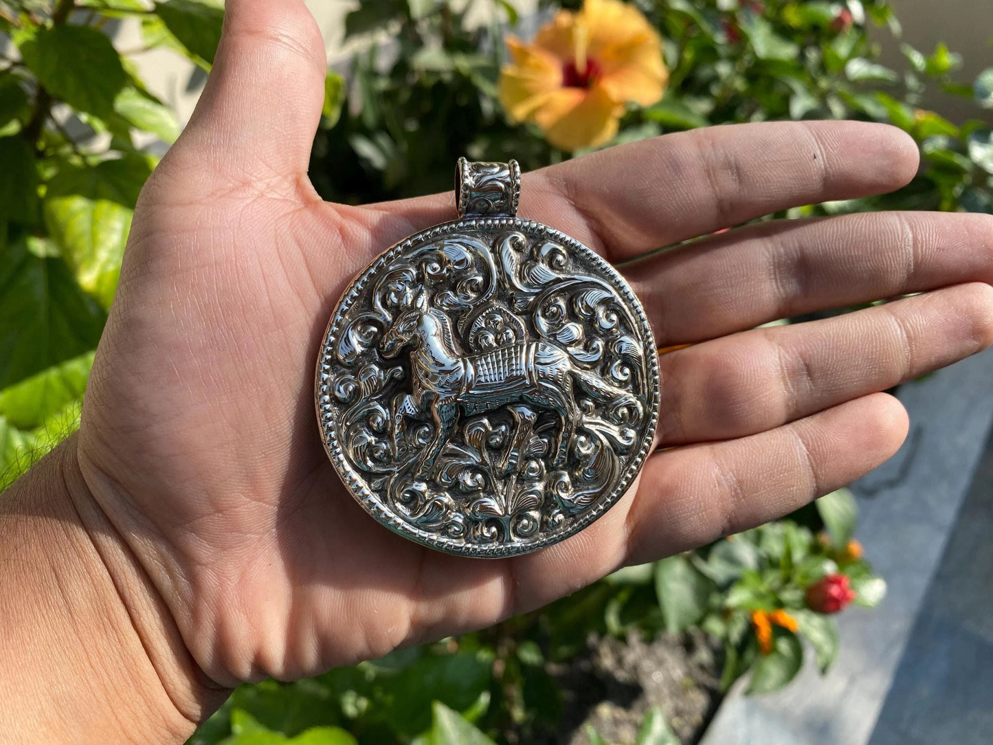 Hand-carved Round Horse Pendant in Tibetan Silver | Unisex Nature-inspired Jewelry, Boho Chic Healing Necklace, Unique Animal Lover's Gift