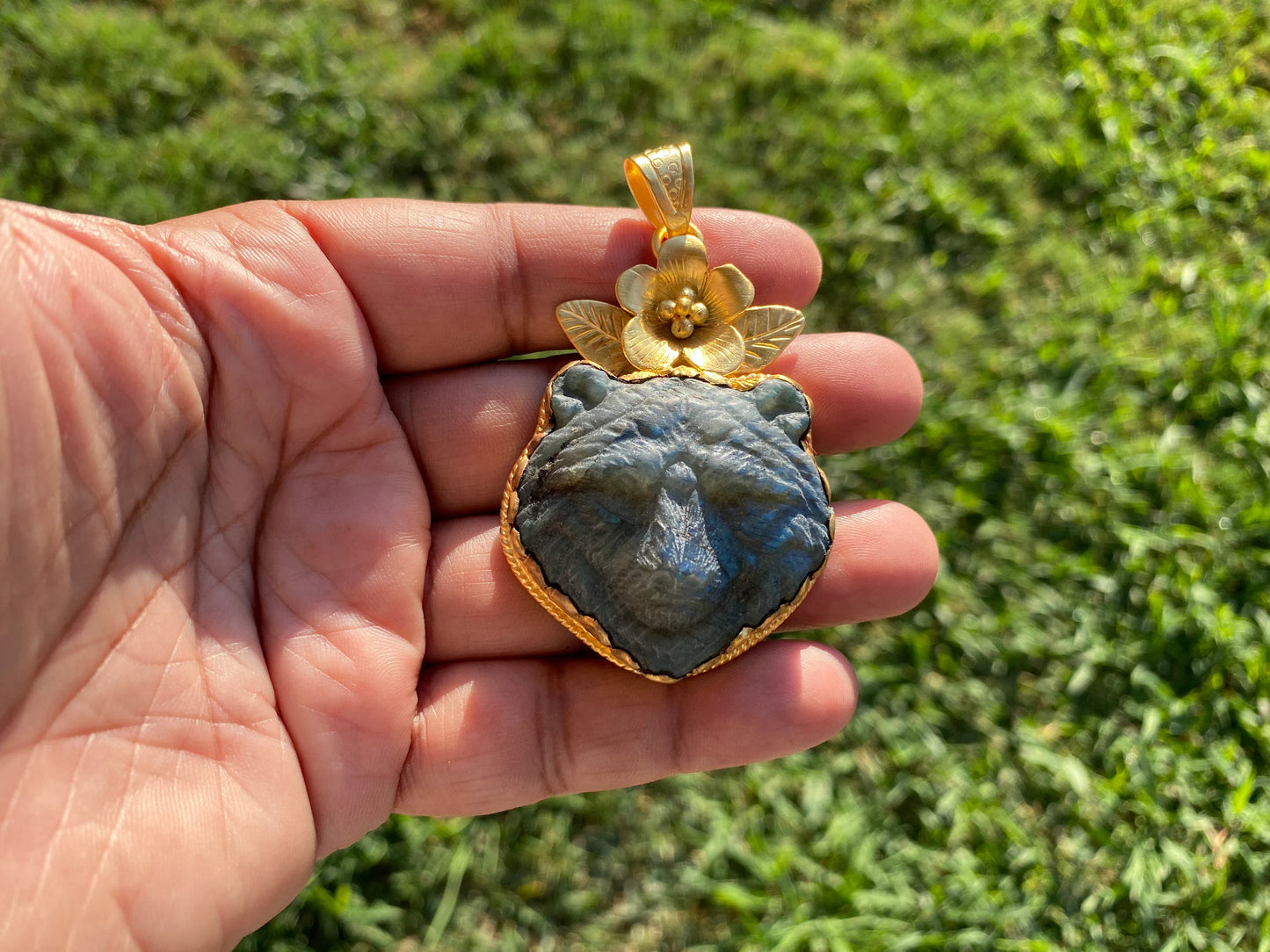Hand Carved Bear Labradorite Gold Overlay Pendant, Bear Head Pendant, Animal Pendant, Wild life Inspired, Unique Craftsmanship, Nature Motif