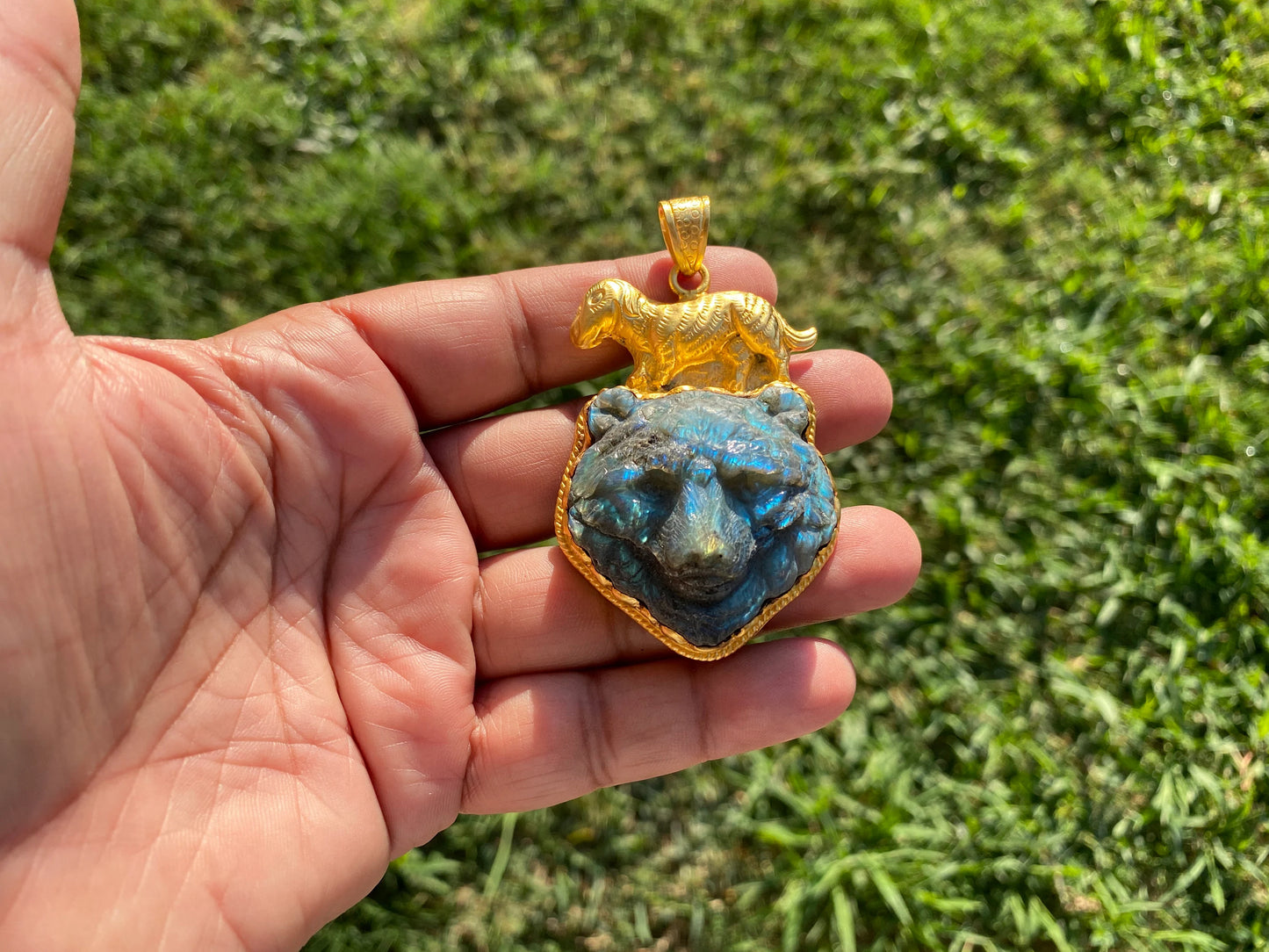 Hand Carved Bear Labradorite Gold Overlay Pendant, Bear Head Pendant, Animal Pendant, Wild life Inspired, Unique Craftsmanship, Nature Motif