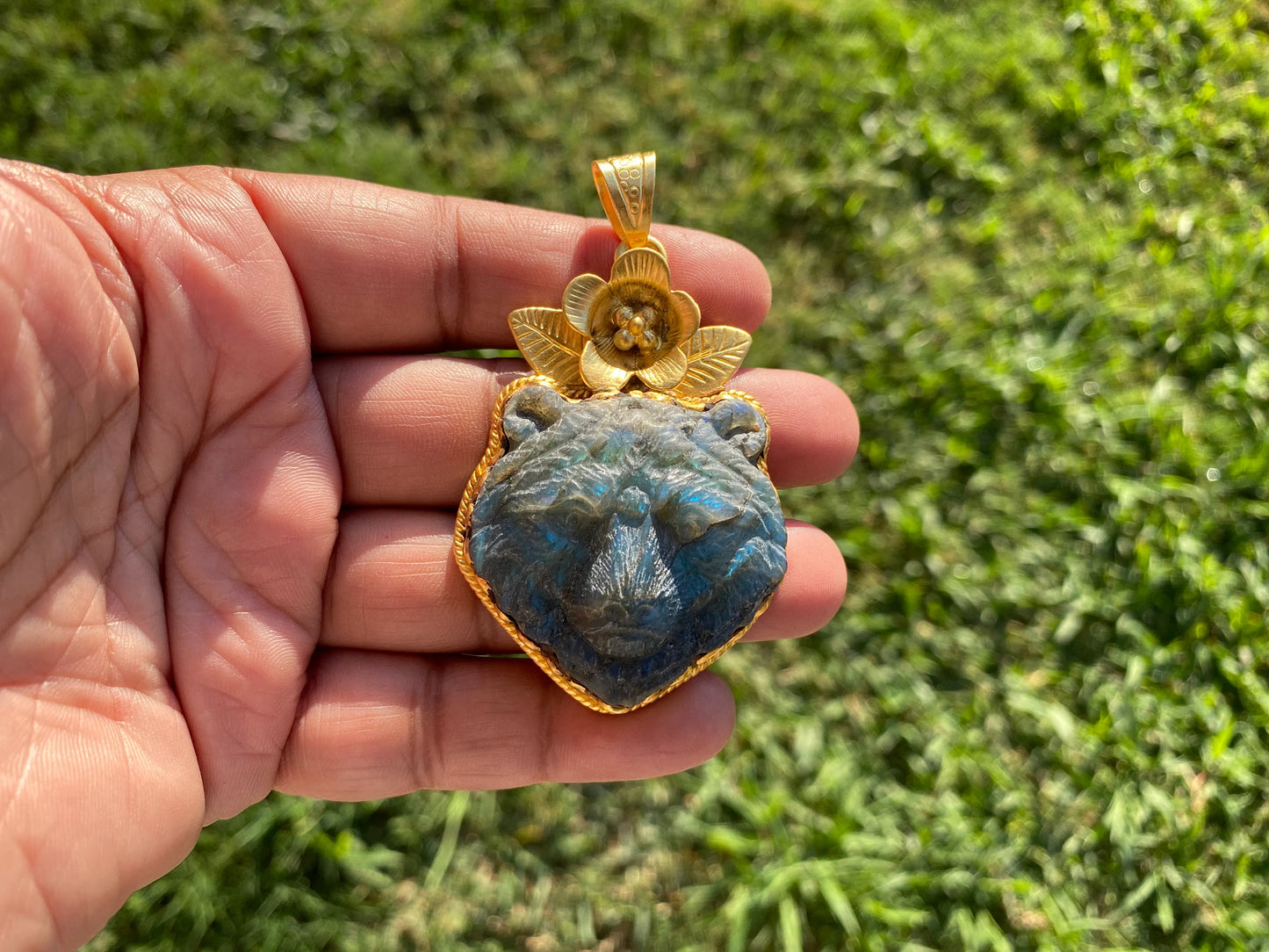 Hand Carved Bear Labradorite Gold Overlay Pendant, Bear Head Pendant, Animal Pendant, Wild life Inspired, Unique Craftsmanship, Nature Motif