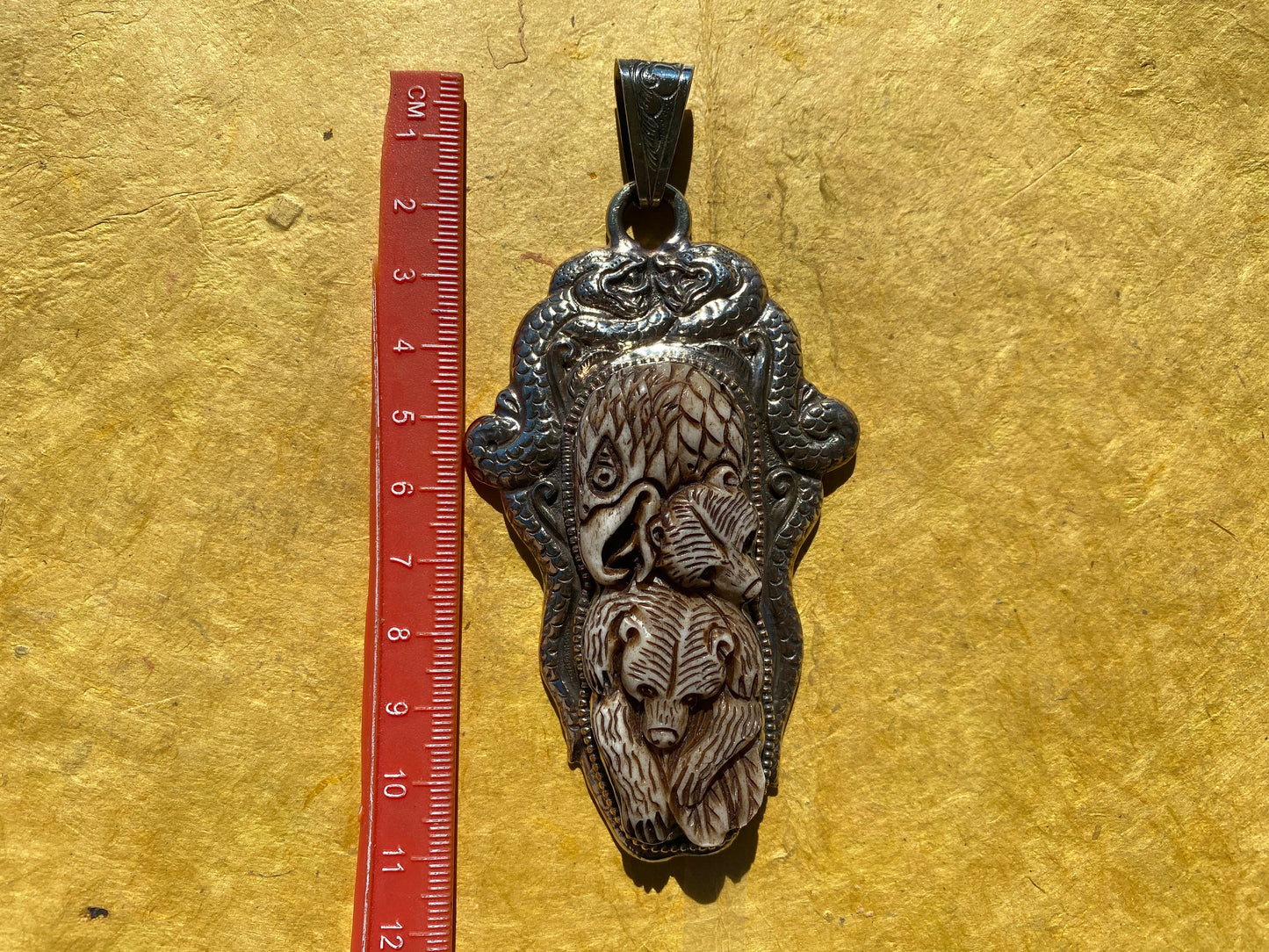 Hand Carved Bear with Eagle Tibetan Silver Pendant, Buffalo Bone, Jewelry for Men or Women, Tribal Jewelry, Ethnic Jewelry, Necklace Pendant
