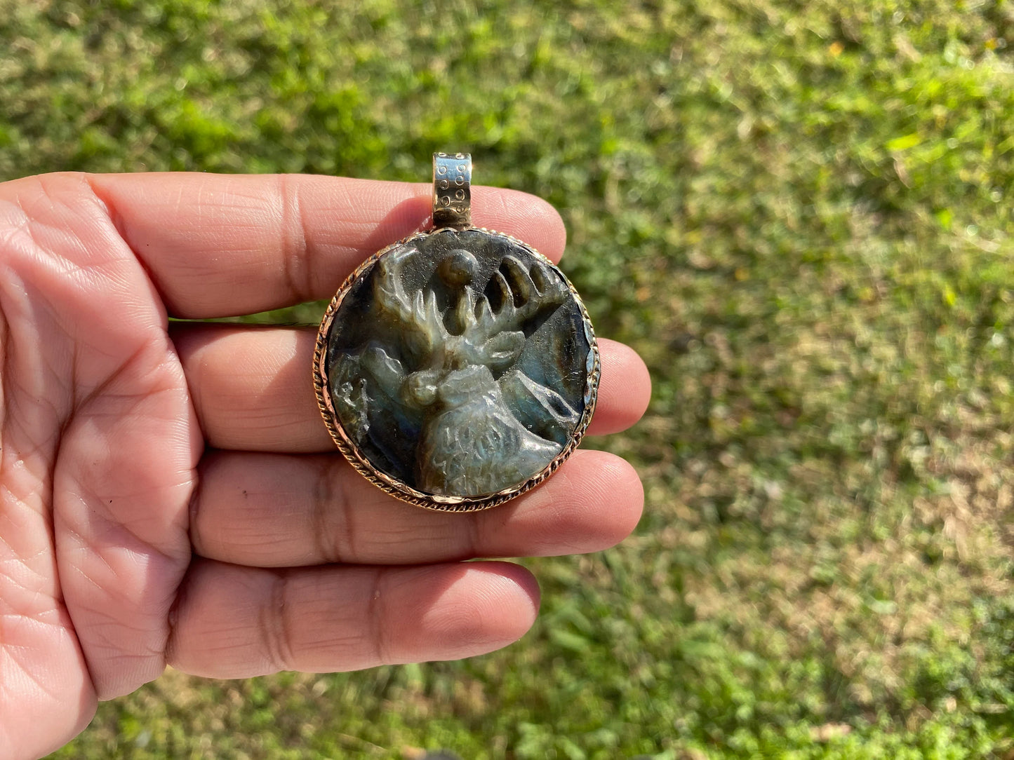 Hand Carved Deer Pendant, Natural Labradorite Tibetan Silver Necklace, Wildlife Jewelry, Unique Animal Carving Pendant, Animal Lover's Gift