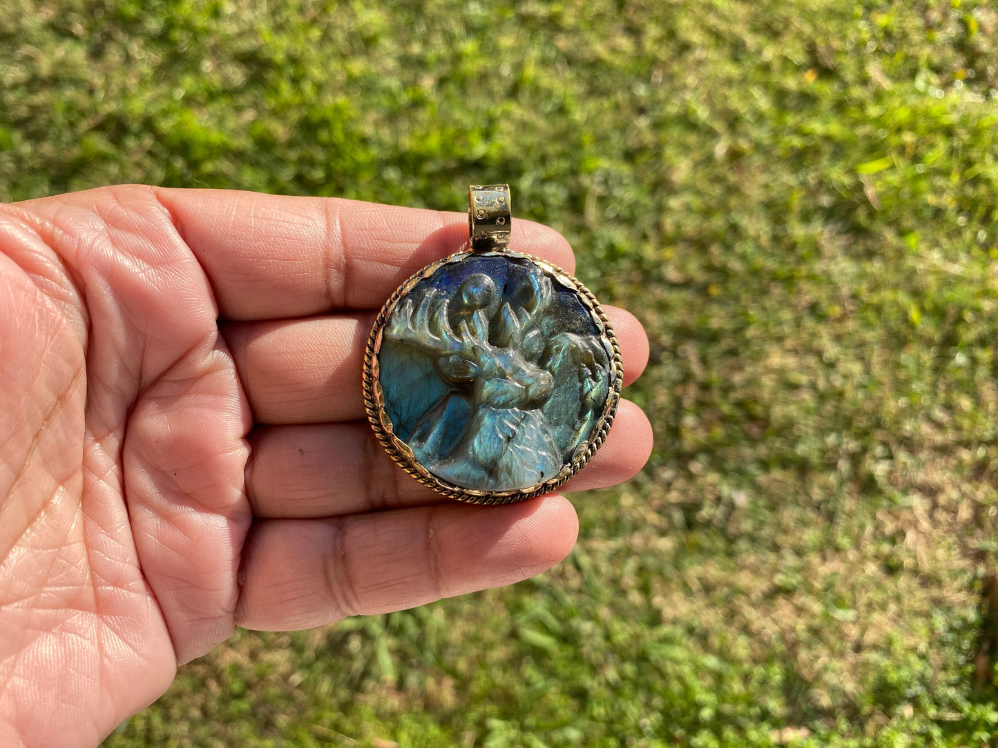 Hand Carved Deer Pendant, Natural Labradorite Tibetan Silver Necklace, Wildlife Jewelry, Unique Animal Carving Pendant, Animal Lover's Gift