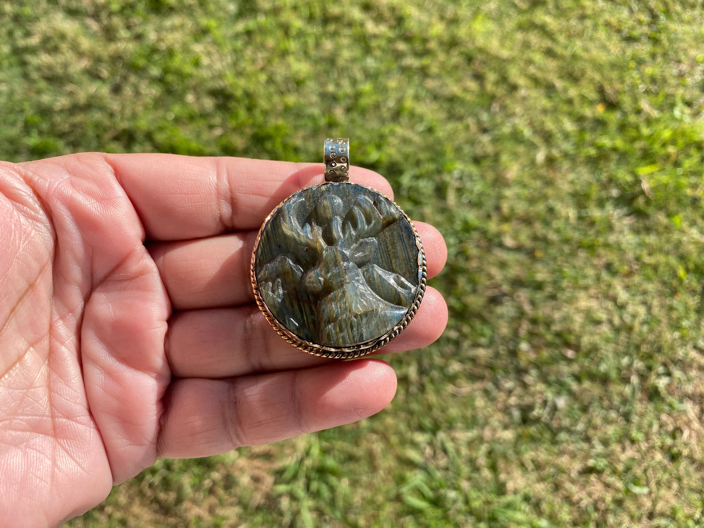Hand Carved Deer Pendant, Natural Labradorite Tibetan Silver Necklace, Wildlife Jewelry, Unique Animal Carving Pendant, Animal Lover's Gift