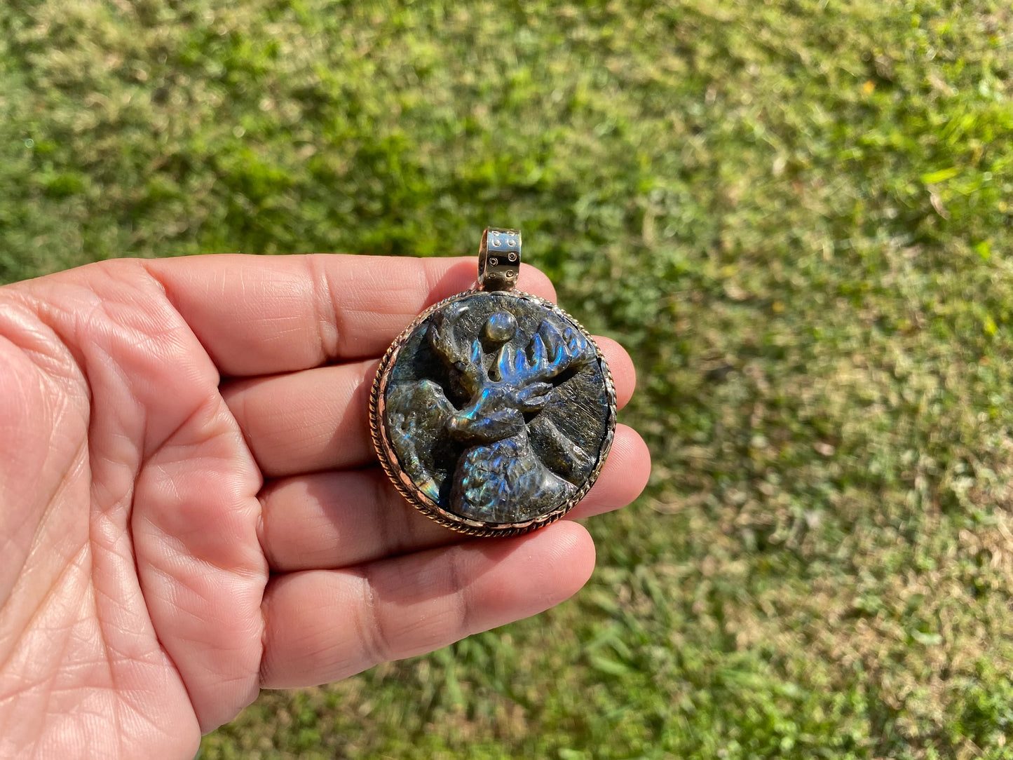 Hand Carved Deer Pendant, Natural Labradorite Tibetan Silver Necklace, Wildlife Jewelry, Unique Animal Carving Pendant, Animal Lover's Gift