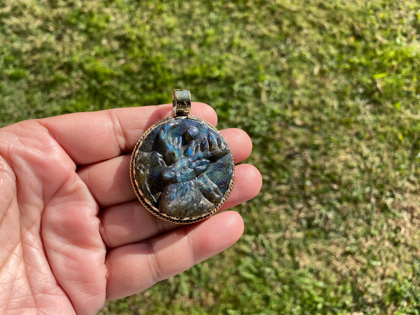 Hand Carved Deer Pendant, Natural Labradorite Tibetan Silver Necklace, Wildlife Jewelry, Unique Animal Carving Pendant, Animal Lover's Gift