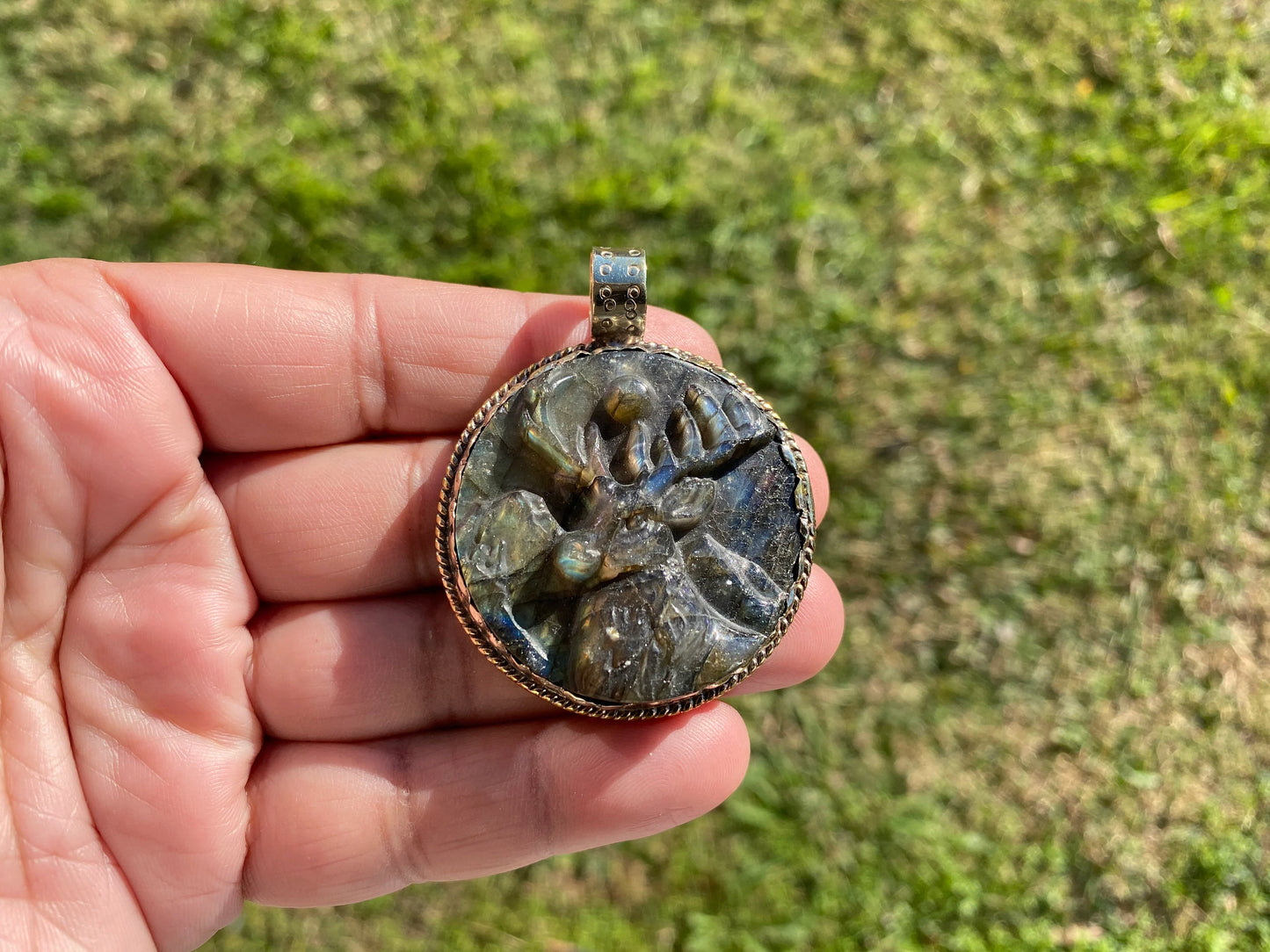Hand Carved Deer Pendant, Natural Labradorite Tibetan Silver Necklace, Wildlife Jewelry, Unique Animal Carving Pendant, Animal Lover's Gift