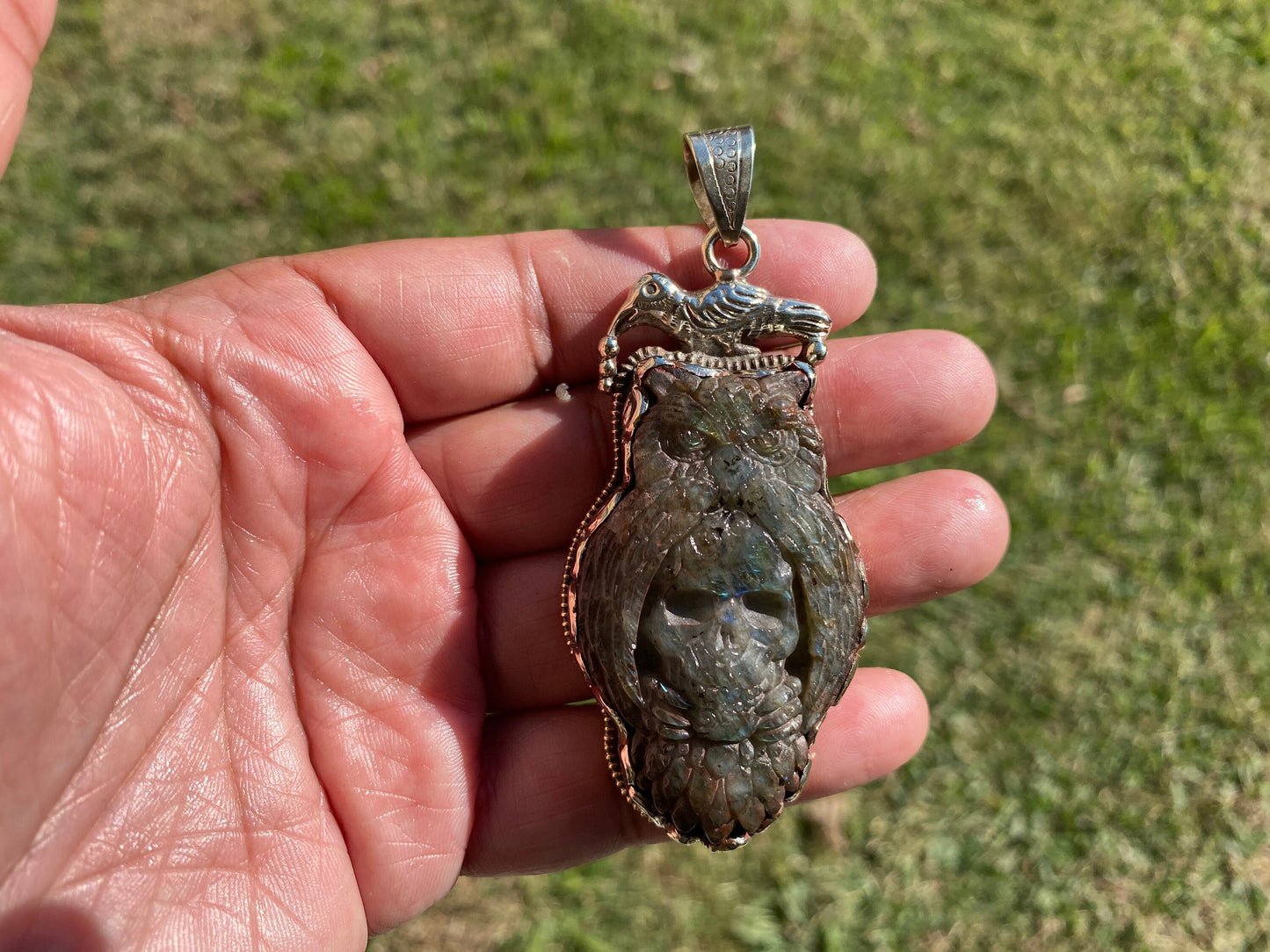 Hand Carved Eagle with Skull Pendant, Labradorite Natural Stone Tibetan Silver, Labradorite Jewelry, Crystal Skull Pendant, Carved Animal