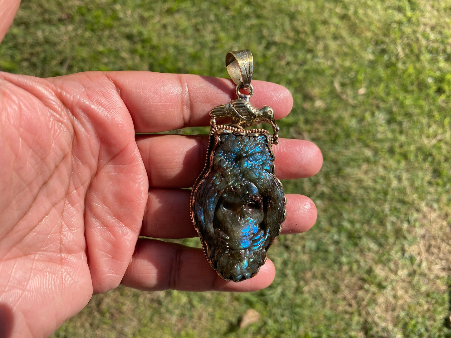 Hand Carved Eagle with Skull Pendant, Labradorite Natural Stone Tibetan Silver, Labradorite Jewelry, Crystal Skull Pendant, Carved Animal