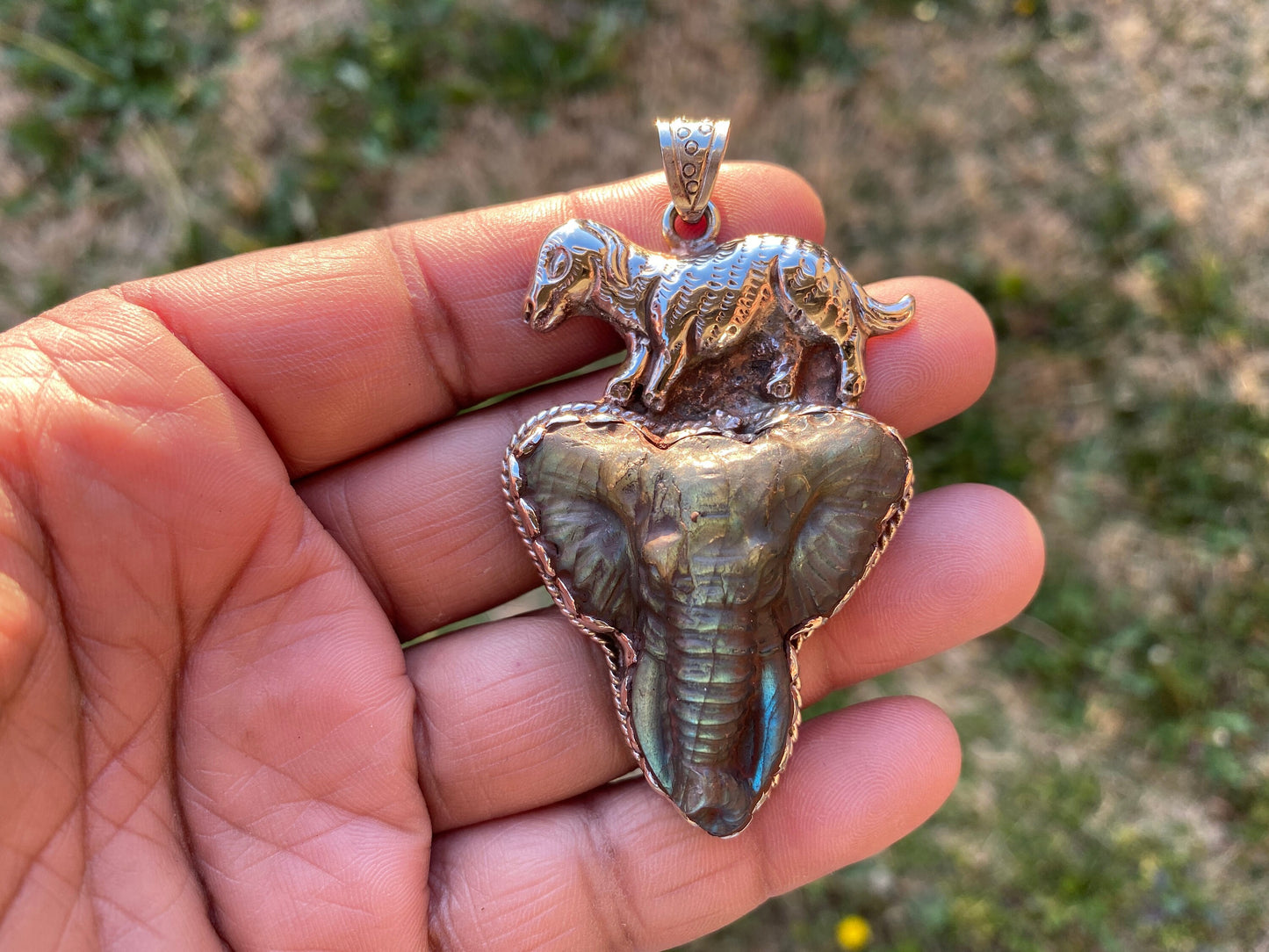 Hand Carved Elephant Head Labradorite Stone Tibetan Silver Pendant, Elephant Pendant for Necklace, Blue Labradorite, Animal Pendant