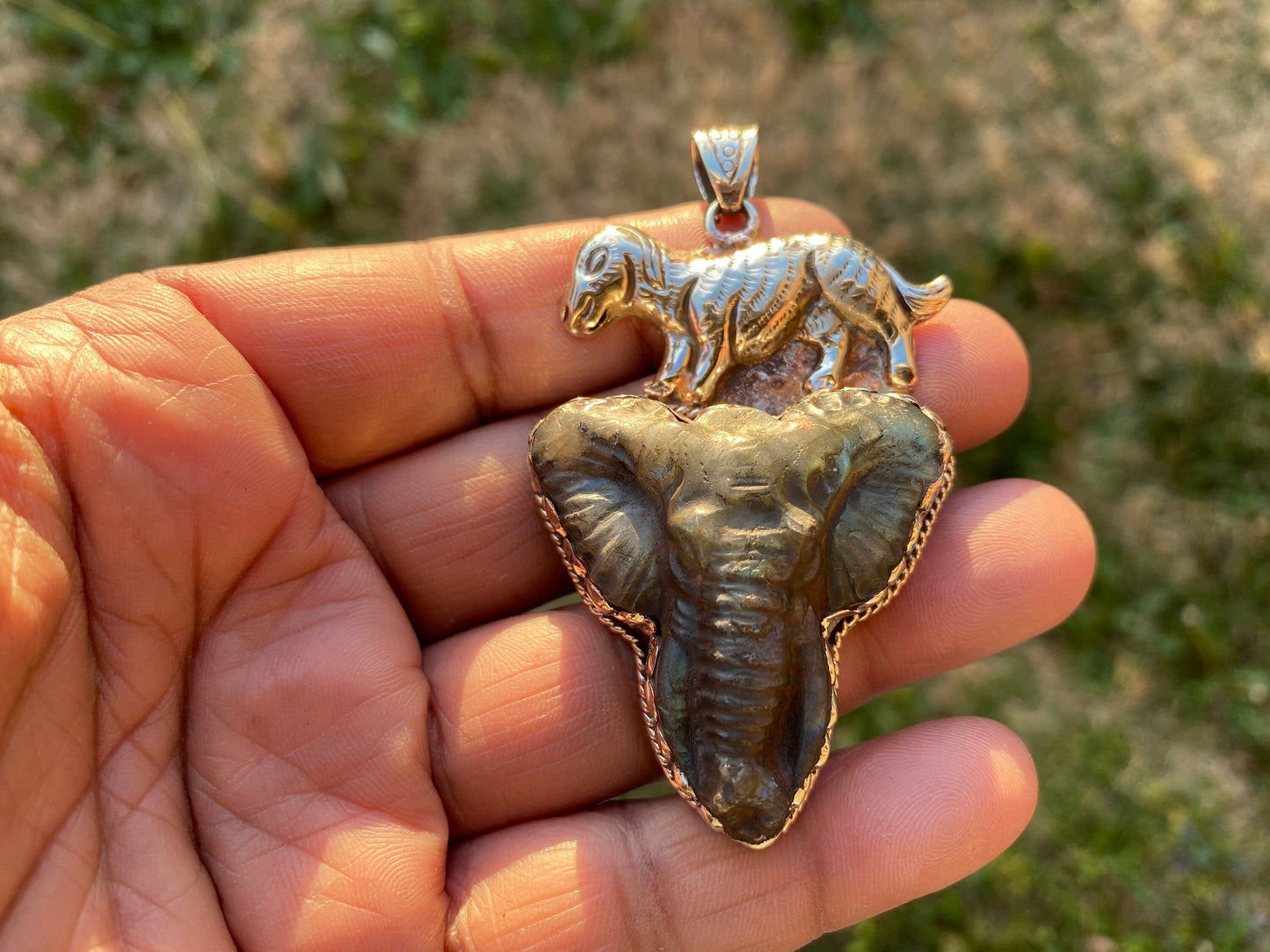 Hand Carved Elephant Head Labradorite Stone Tibetan Silver Pendant, Elephant Pendant for Necklace, Blue Labradorite, Animal Pendant