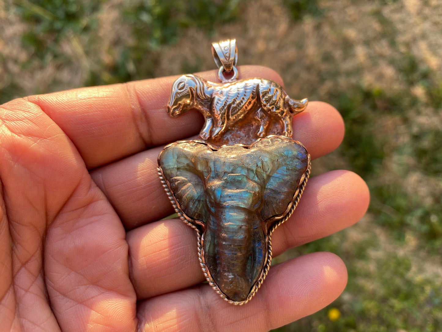 Hand Carved Elephant Head Labradorite Stone Tibetan Silver Pendant, Elephant Pendant for Necklace, Blue Labradorite, Animal Pendant