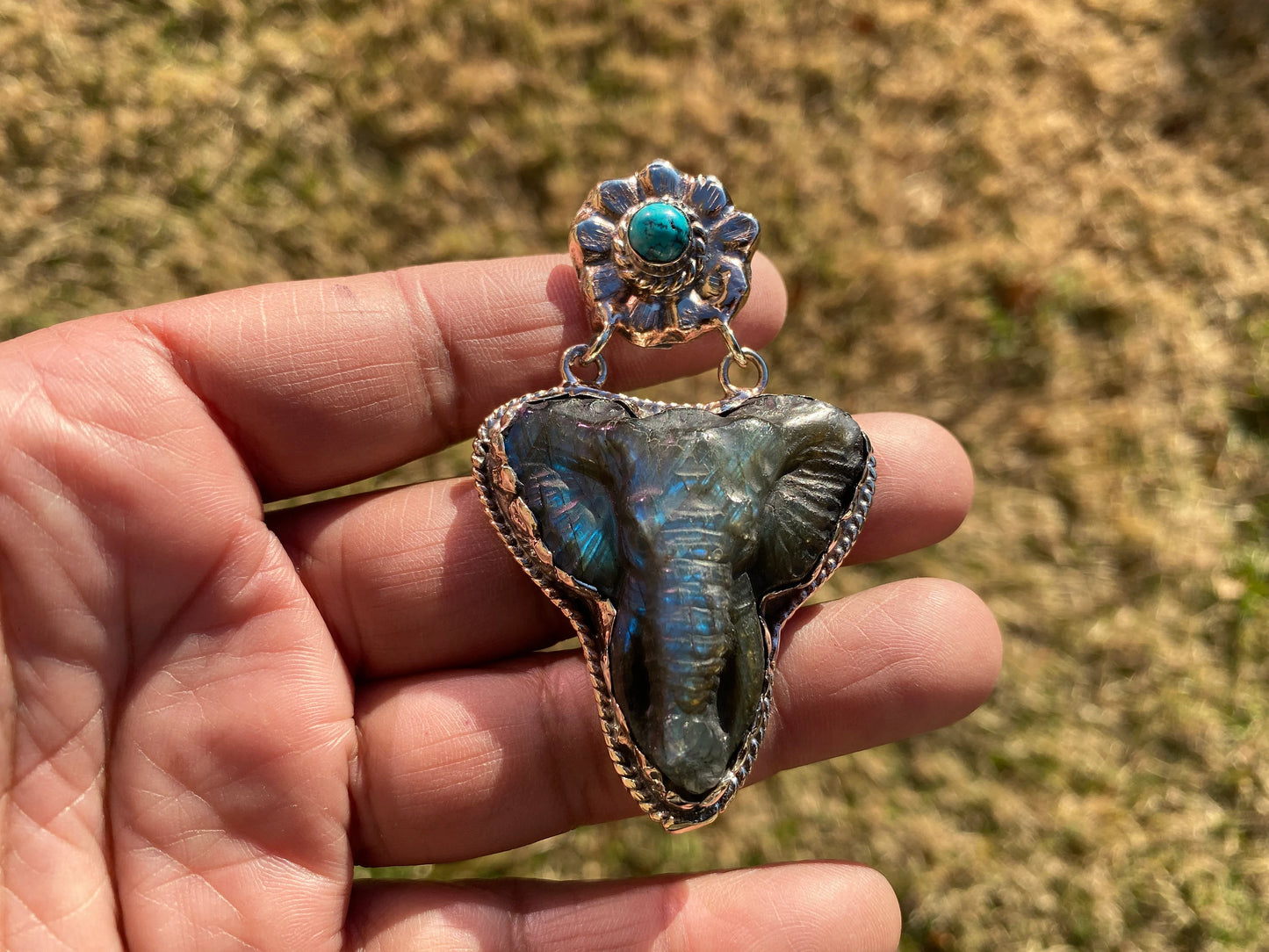 Hand Carved Elephant Head Labradorite with Turquoise Tibetan Silver Pendant, Elephant Pendant for Necklace, Blue Labradorite, Animal Pendant
