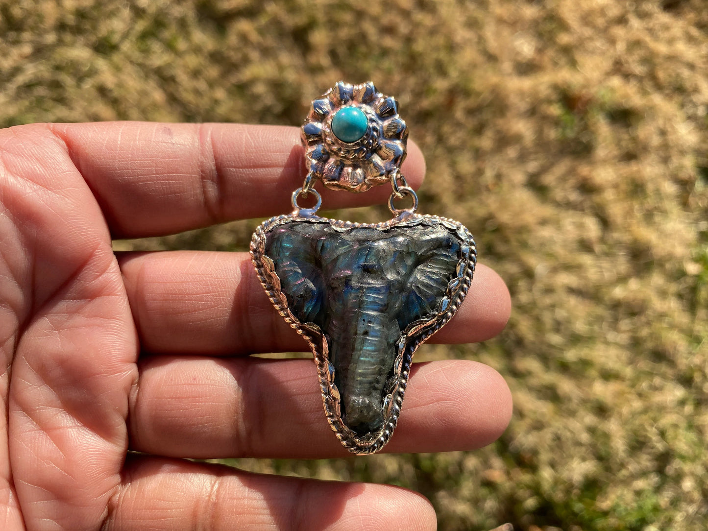 Hand Carved Elephant Head Labradorite with Turquoise Tibetan Silver Pendant, Elephant Pendant for Necklace, Blue Labradorite, Animal Pendant