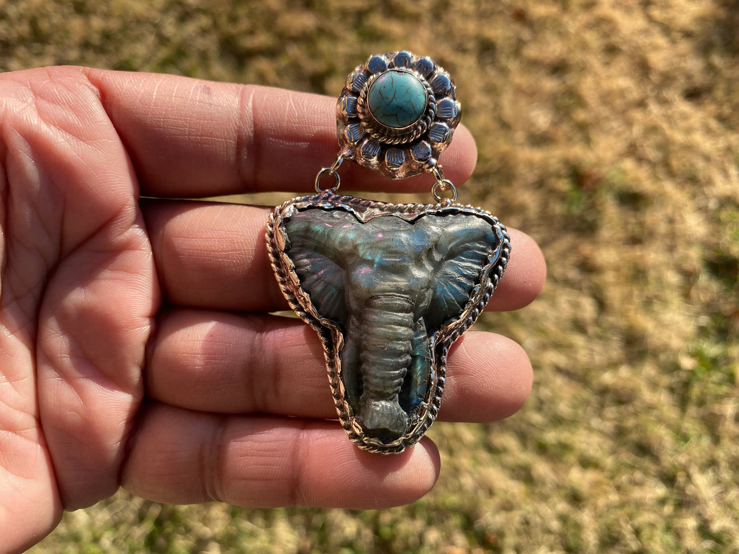 Hand Carved Elephant Head Labradorite with Turquoise Tibetan Silver Pendant, Elephant Pendant for Necklace, Blue Labradorite, Animal Pendant