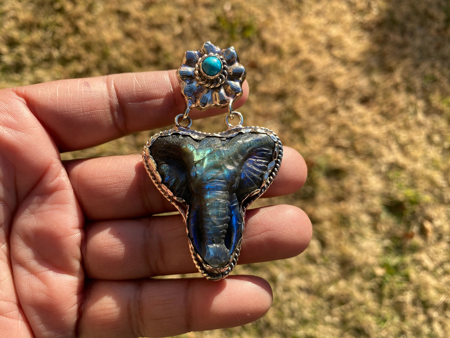 Hand Carved Elephant Head Labradorite with Turquoise Tibetan Silver Pendant, Elephant Pendant for Necklace, Blue Labradorite, Animal Pendant