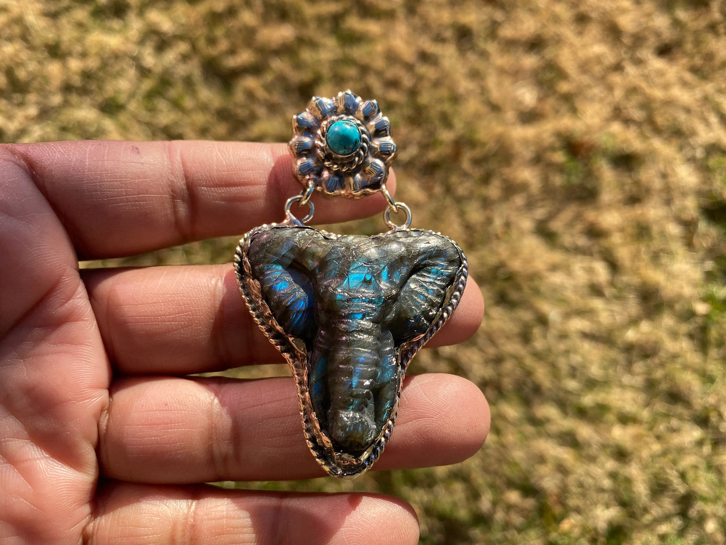 Hand Carved Elephant Head Labradorite with Turquoise Tibetan Silver Pendant, Elephant Pendant for Necklace, Blue Labradorite, Animal Pendant