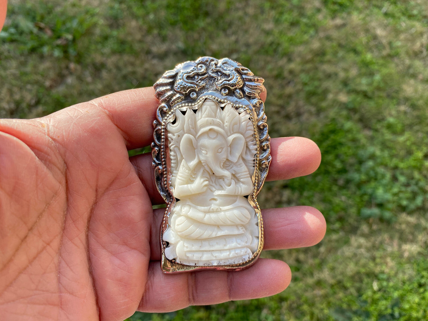 Hand Carved Ganesh Tibetan Silver Pendant, Buffalo Bone, Yoga Pendant, Ethnic Jewelry, Tribal, Spiritual Pendant, Locket for Men or Women