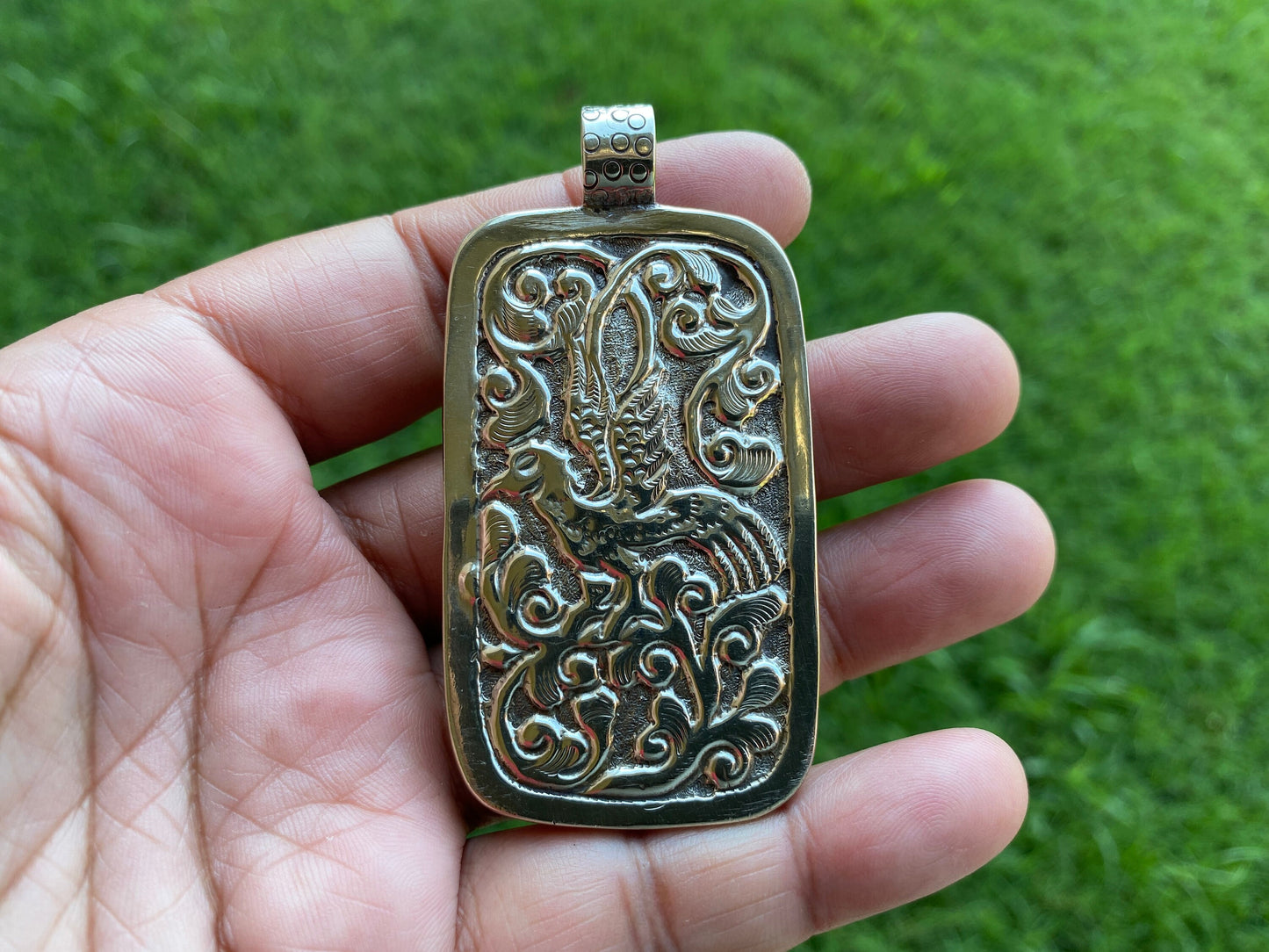 Hand Carved Ganesh Tibetan Silver Pendant, Buffalo Bone, Yoga Jewelry, Bird Design Himalayan Pendant, Nepalese Jewelry, Spiritual Pendant