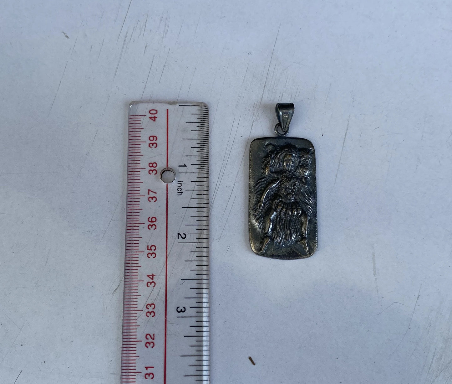 Hand Carved Goddess Kali Pendant in Tibetan Silver Overlay on Brass | Mystical Amulet, Protection Charm, Lucky Charm, Spiritual Pendant.