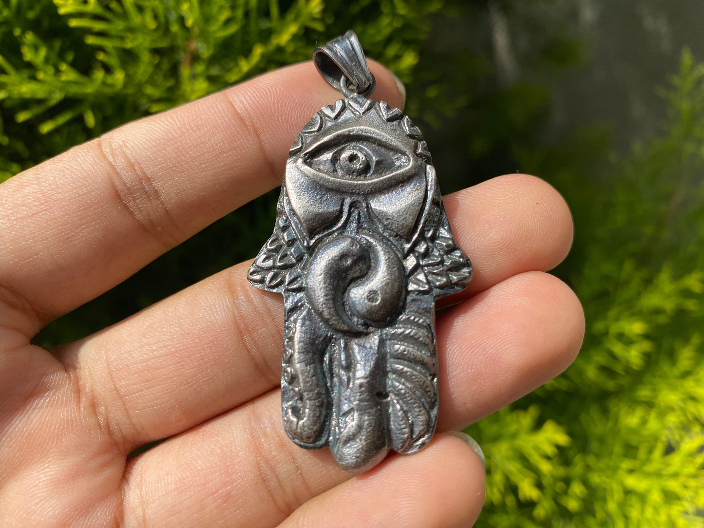 Hand Carved Hamsa and Yin-Yang in Tibetan Silver Overlay Pendant, a Unique Touch to Blend of Traditions, Unisex Jewelry