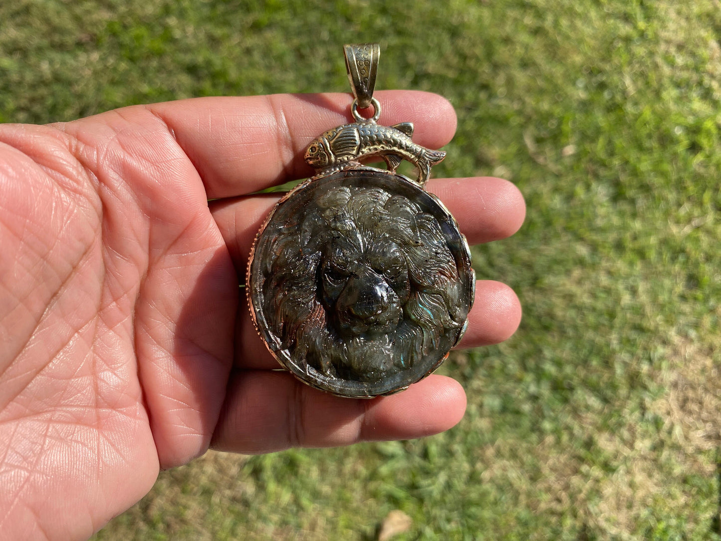 Hand Carved Lion Labradorite Tibetan Silver Pendant, Lion Pendant, Labradorite Lion, Blue Labradorite, Wildlife Jewelry, Animal Pendant