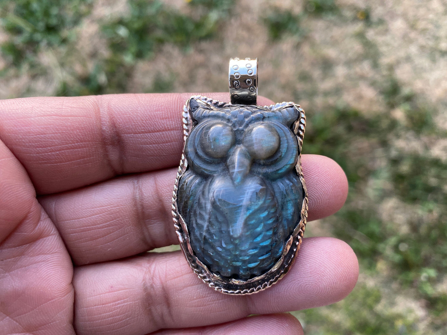 Hand Carved Owl Labradorite Tibetan Silver Pendant, Owl Pendant, Labradorite Owl, Blue Labradorite, Wildlife Jewelry, Animal Lover's Pendant