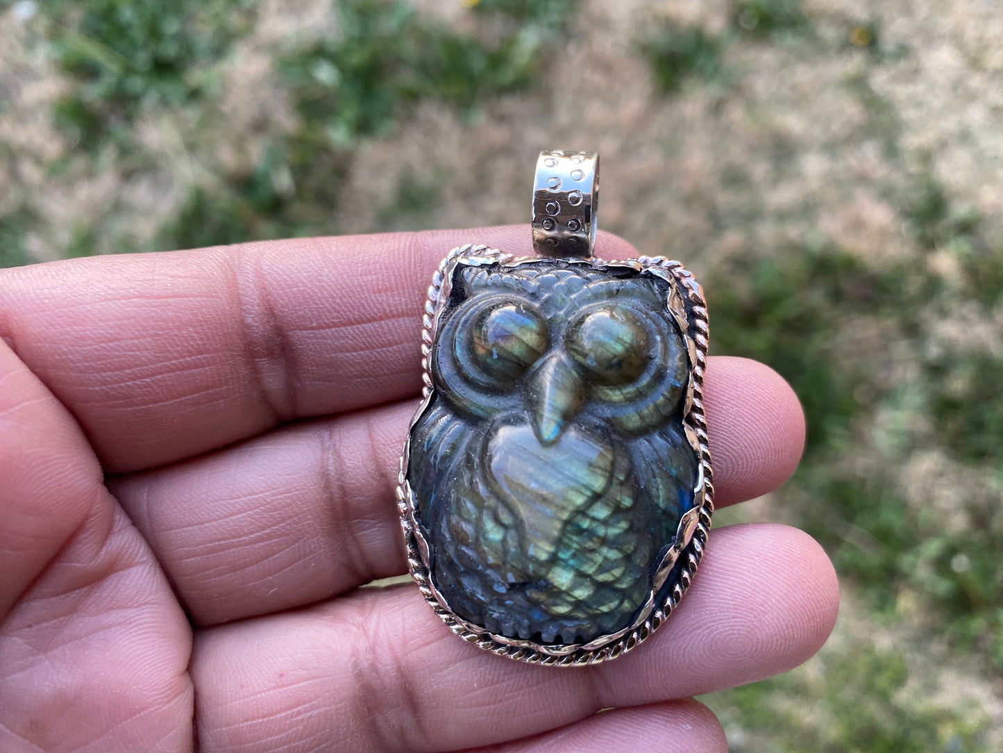 Hand Carved Owl Labradorite Tibetan Silver Pendant, Owl Pendant, Labradorite Owl, Blue Labradorite, Wildlife Jewelry, Animal Lover's Pendant