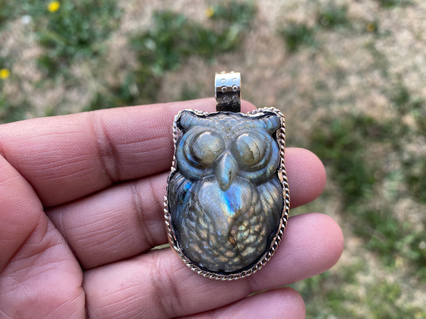 Hand Carved Owl Labradorite Tibetan Silver Pendant, Owl Pendant, Labradorite Owl, Blue Labradorite, Wildlife Jewelry, Animal Lover's Pendant