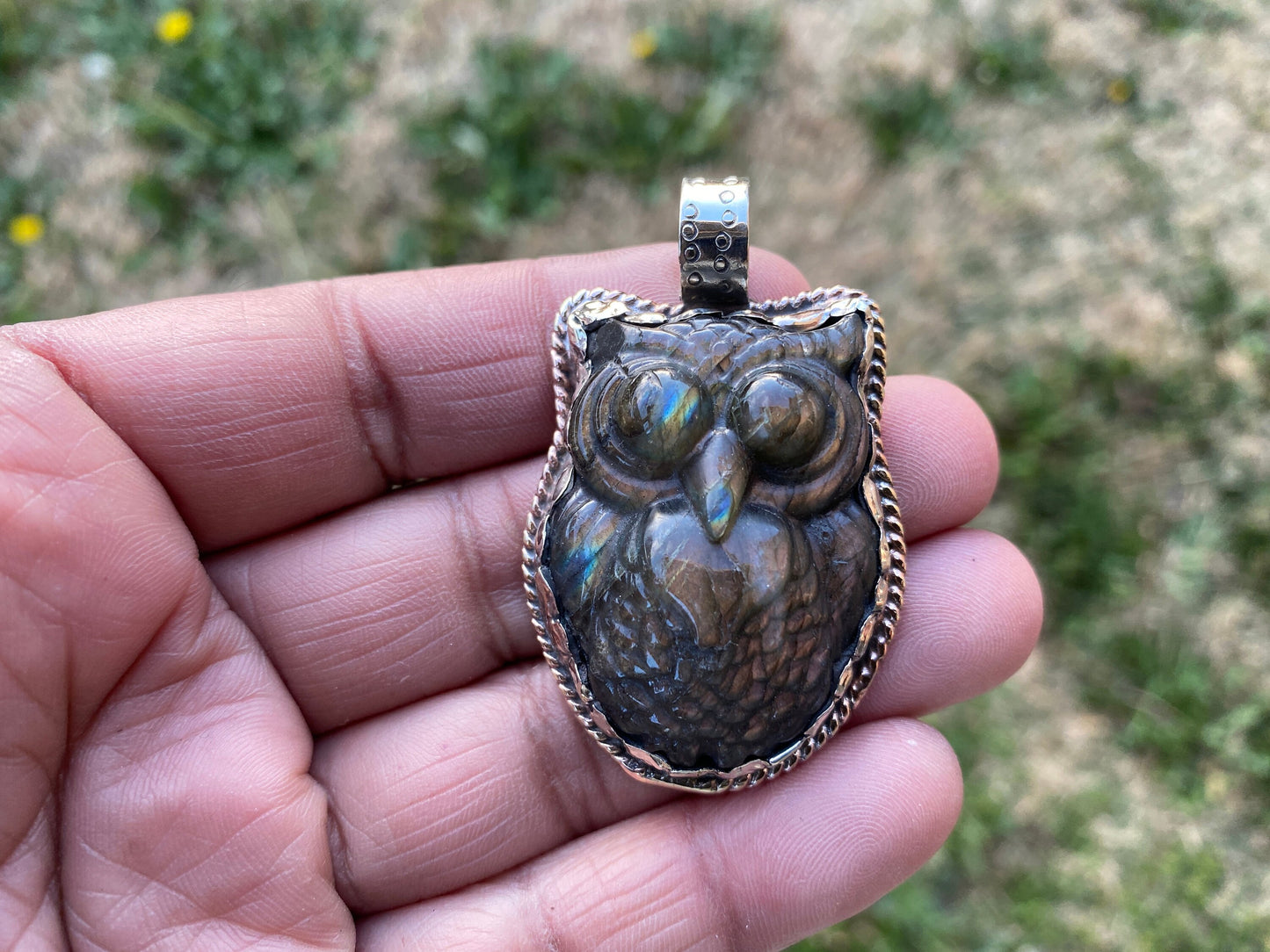 Hand Carved Owl Labradorite Tibetan Silver Pendant, Owl Pendant, Labradorite Owl, Blue Labradorite, Wildlife Jewelry, Animal Lover's Pendant