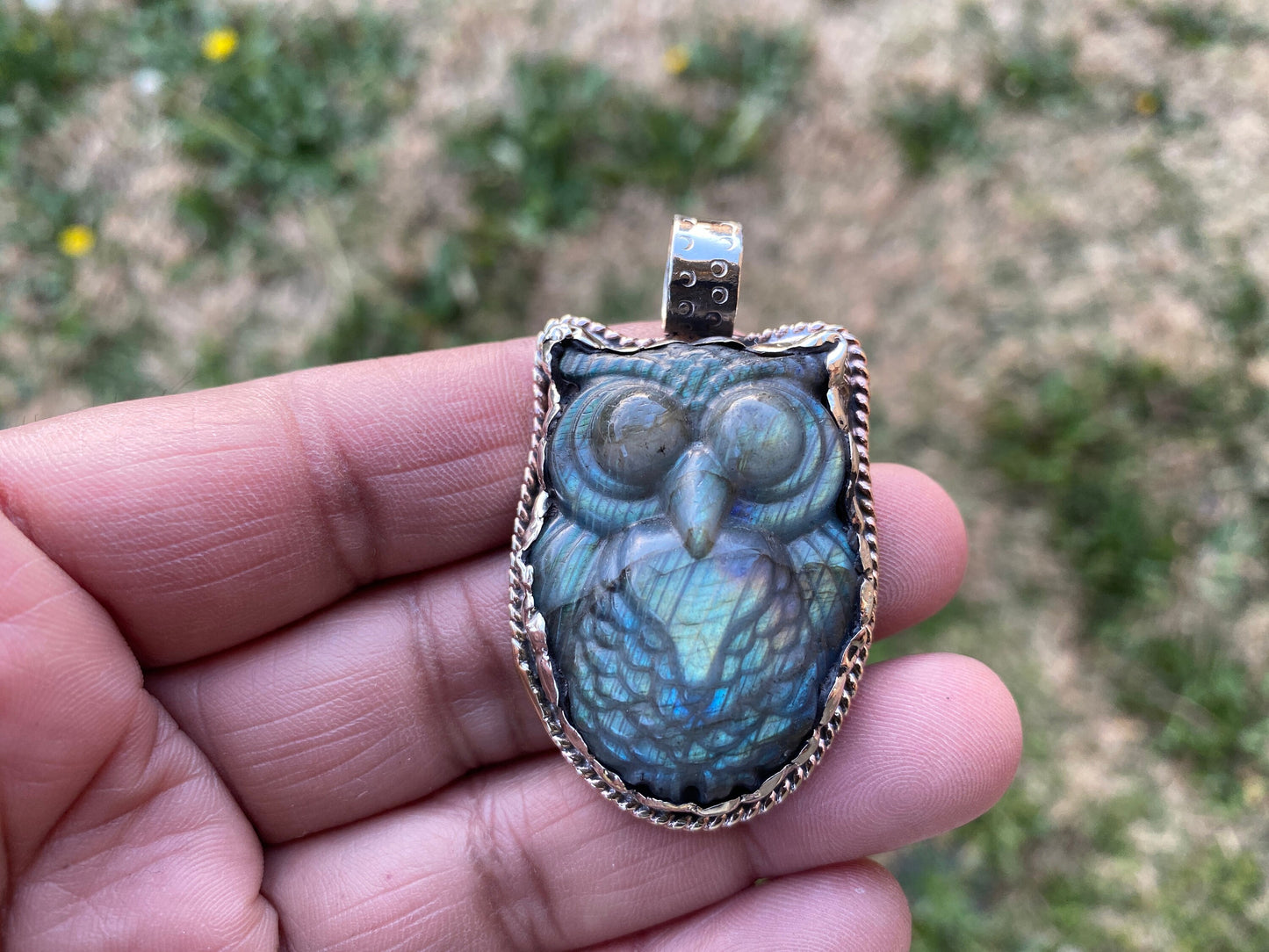 Hand Carved Owl Labradorite Tibetan Silver Pendant, Owl Pendant, Labradorite Owl, Blue Labradorite, Wildlife Jewelry, Animal Lover's Pendant