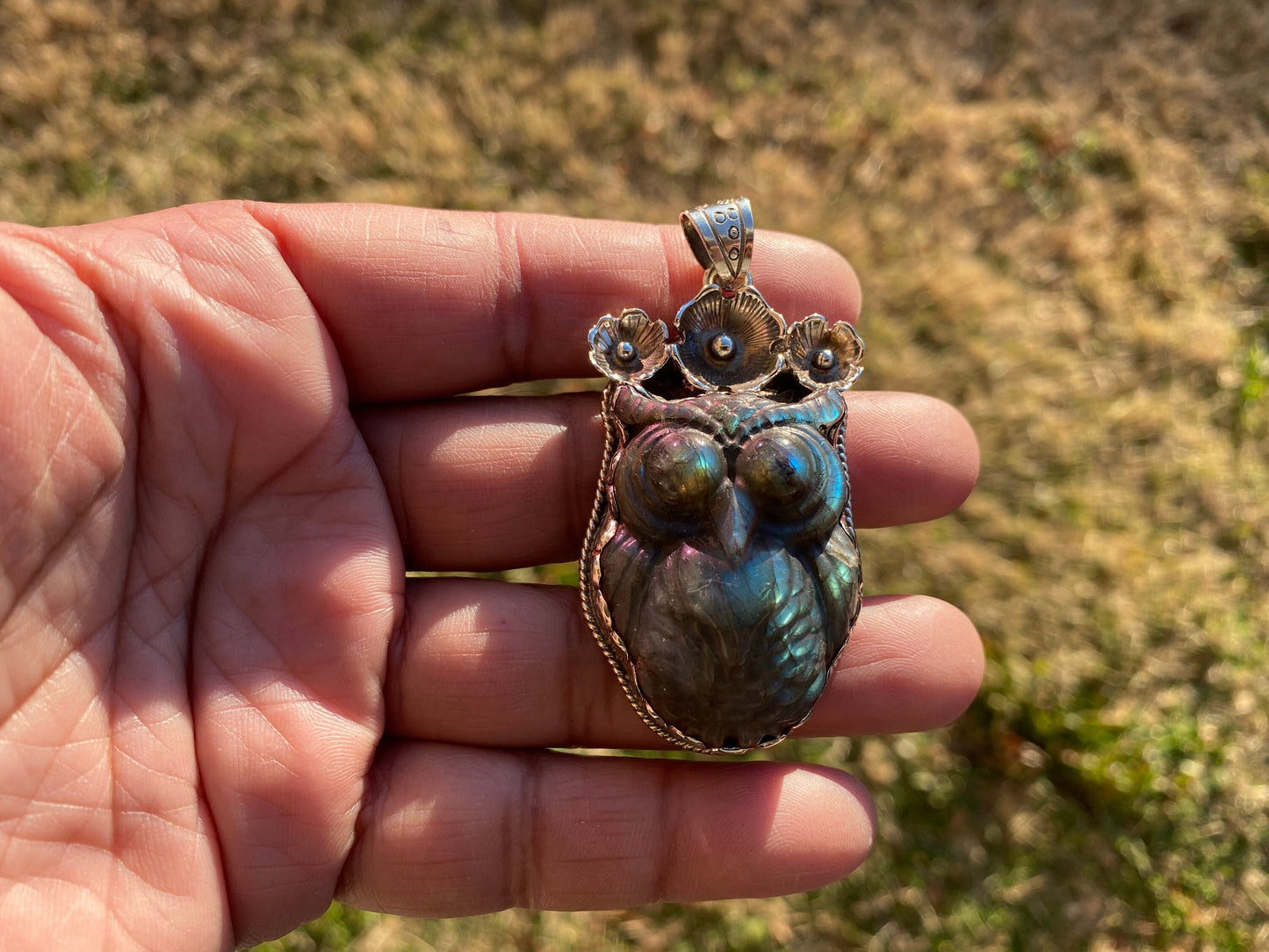 Hand Carved Owl Labradorite Tibetan Silver Pendant, Owl Pendant, Labradorite Owl, Blue Labradorite, Wildlife Jewelry, Animal Lover's Pendant
